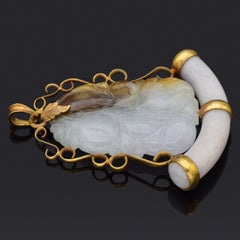 Vintage 14k Yellow Gold White & Brown Jade Large Carved Fruit Pendant