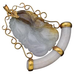 Vintage 14k Yellow Gold White & Brown Jade Large Carved Fruit Pendant