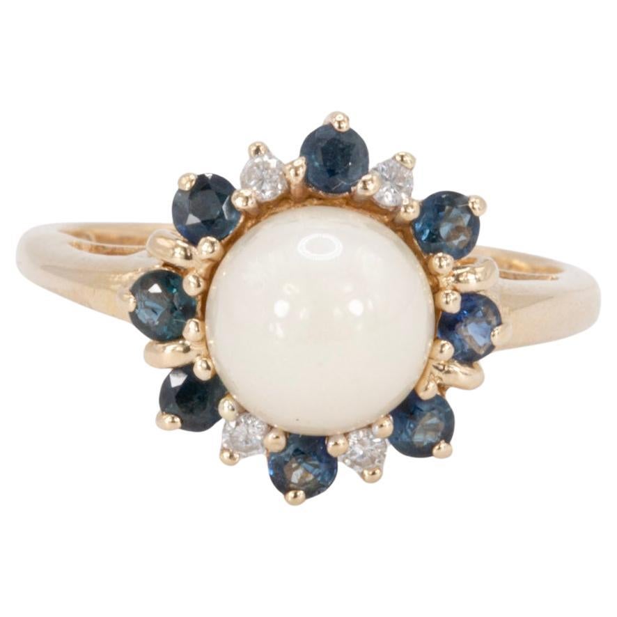 Bague vintage en or jaune 14k avec perles blanches, saphirs et diamants