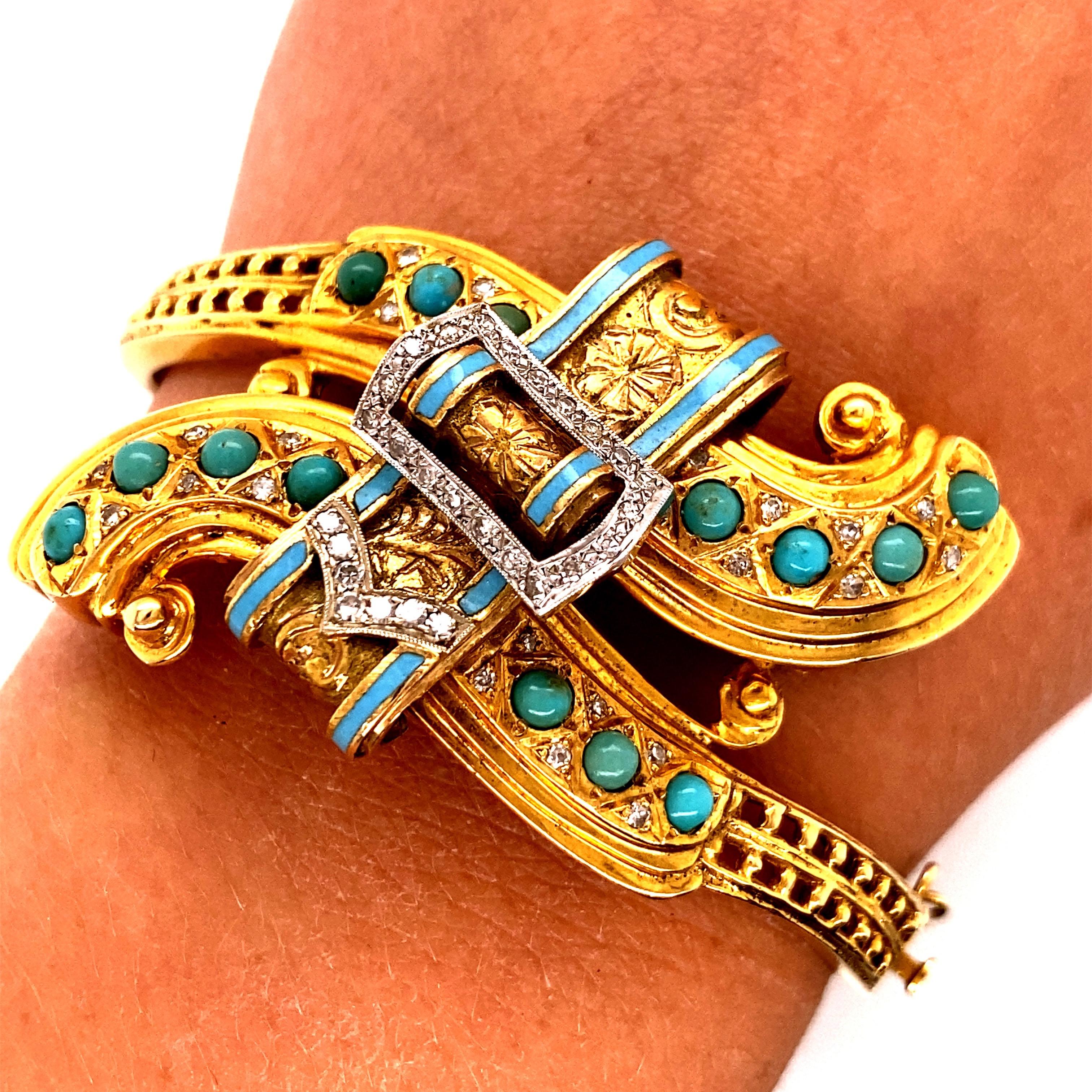 Vintage 14k Yellow Gold Wide Bypass Buckle Design with Turquoise Bangle - The width of the bangle on top 1.25 inches. There are 14 turquoise beads on the bypass. The buckle is set with 27 small single cut diamonds and has turquoise blue enamel. The