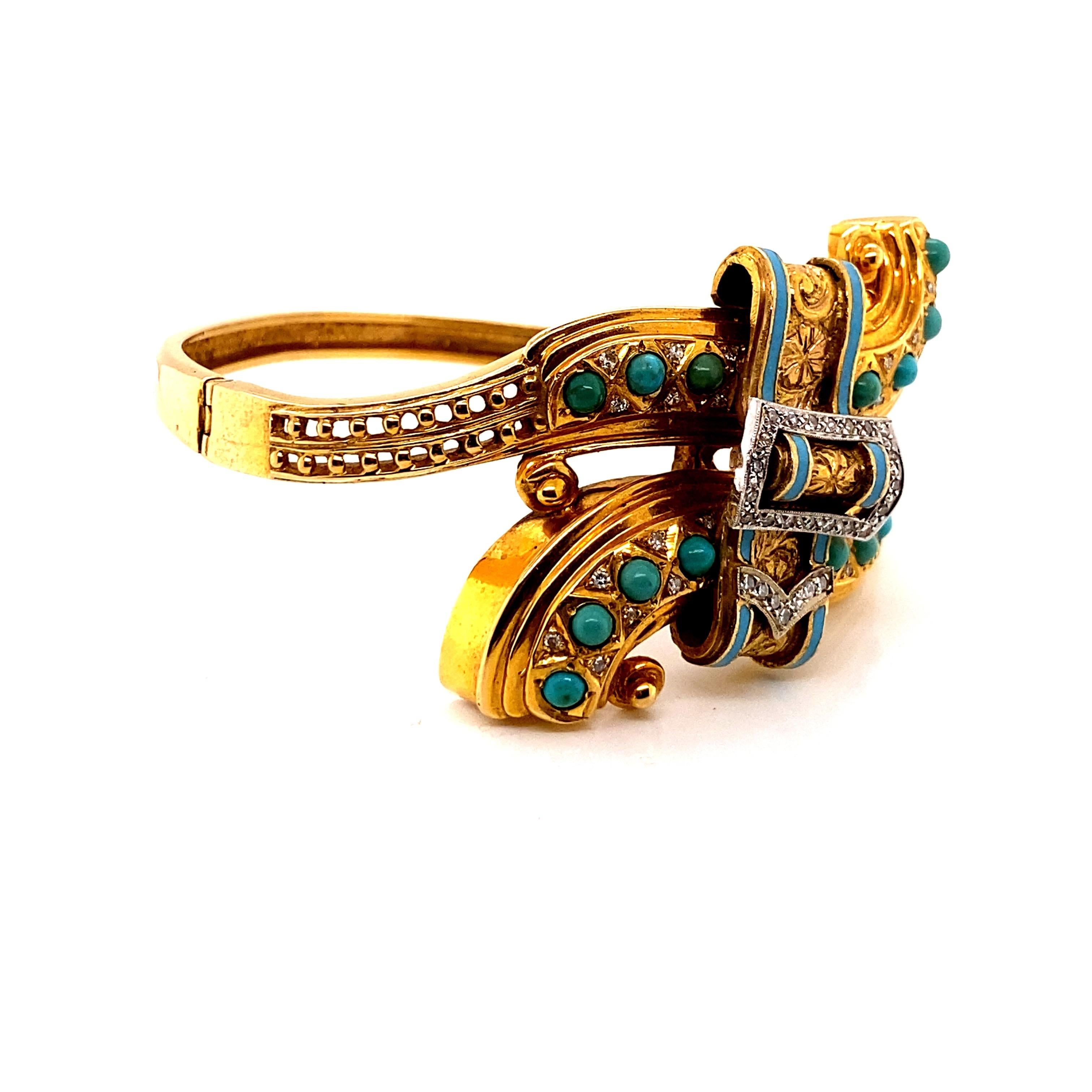 Round Cut Vintage 14k Yellow Gold Wide Bypass Buckle Design with Turquoise Bangle For Sale