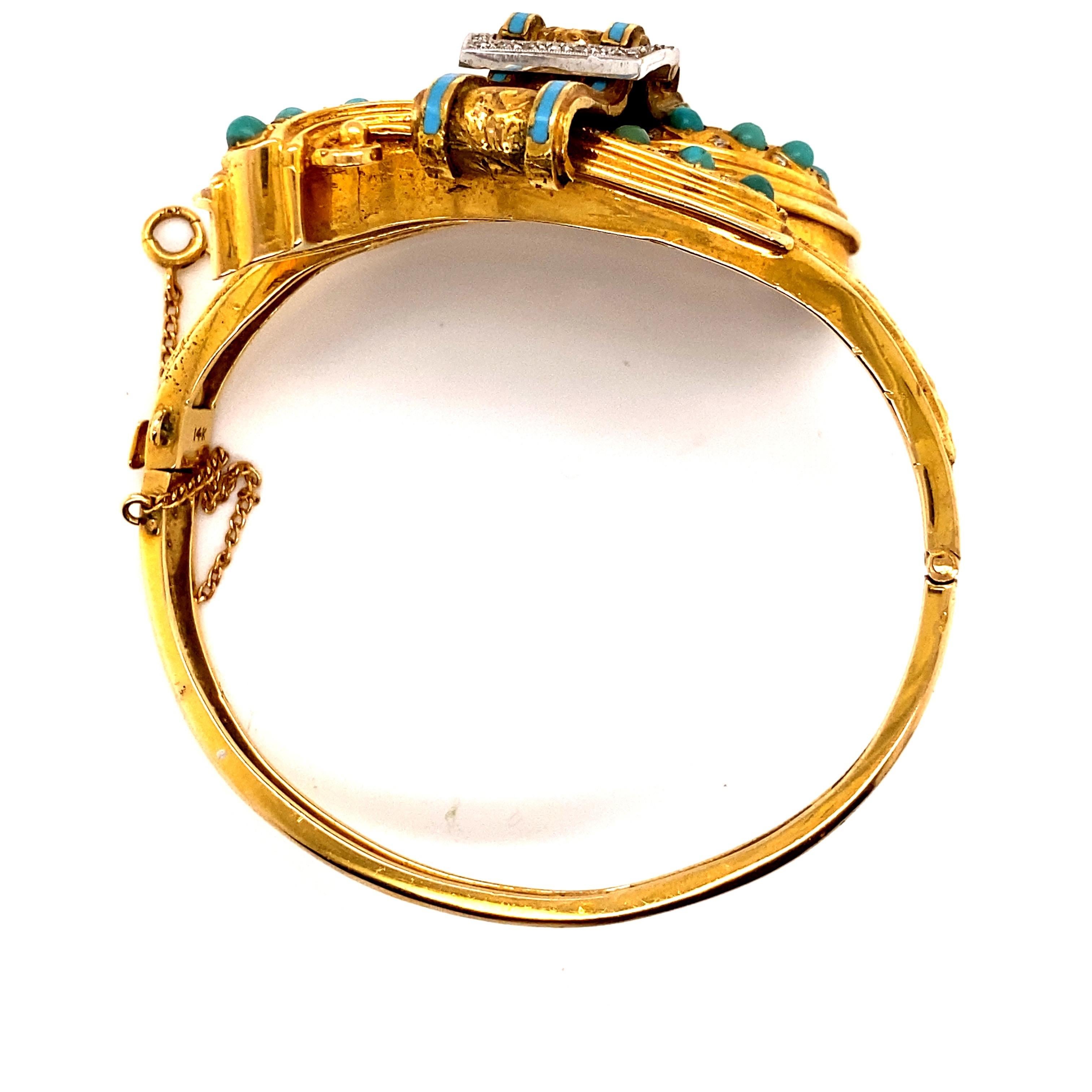 Bracelet jonc vintage en or jaune 14 carats avec boucle de dérivation large et turquoise en vente 1