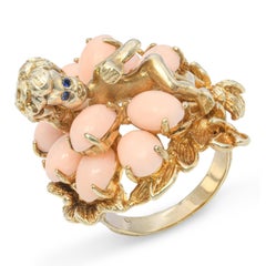Vintage 14k Yellow Gold William Russer Cherub In Coral Cluster Ring