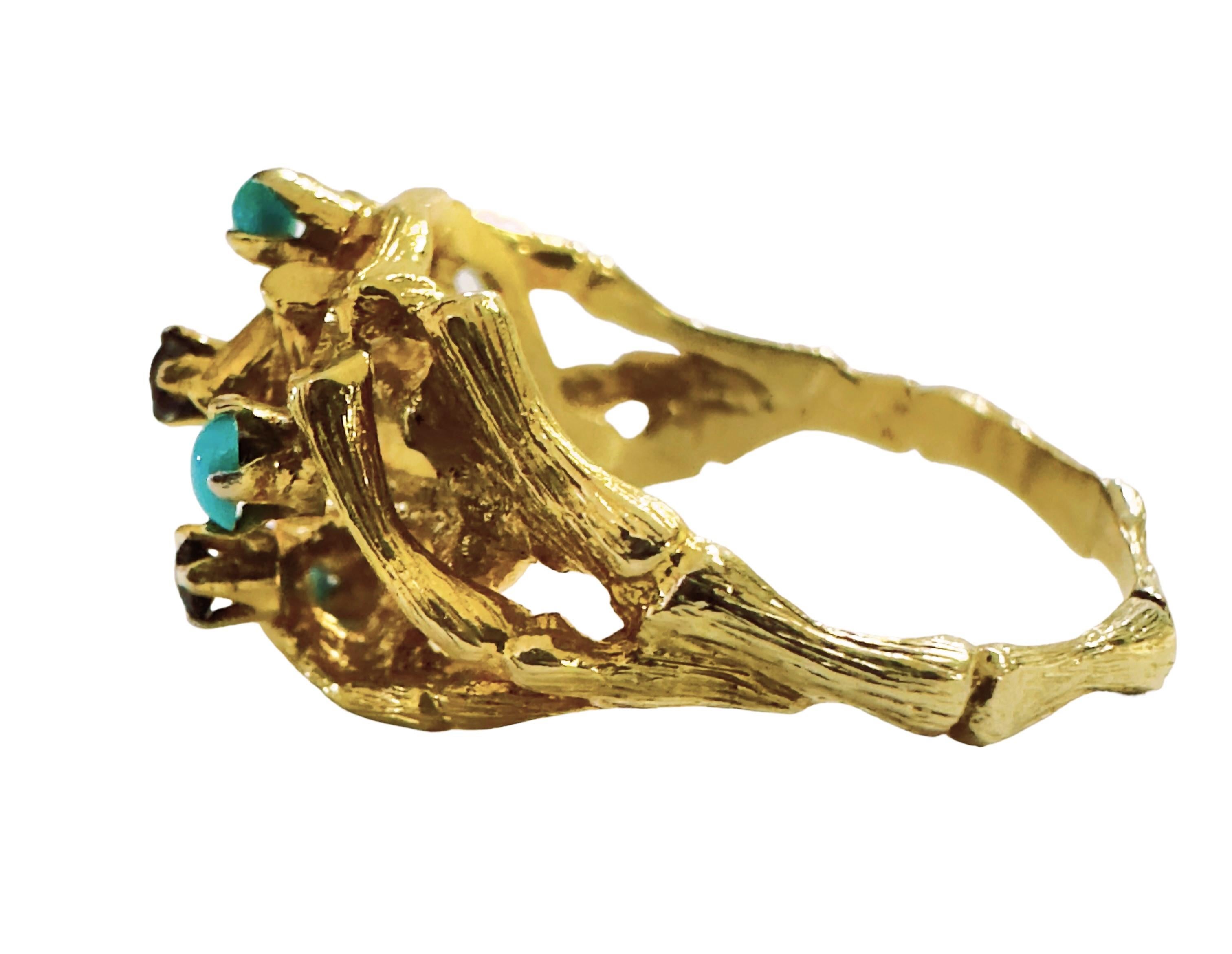 Art Deco Vintage 14k Yellow Gold Woven Branch Ring with Sapphires & Turquoise For Sale