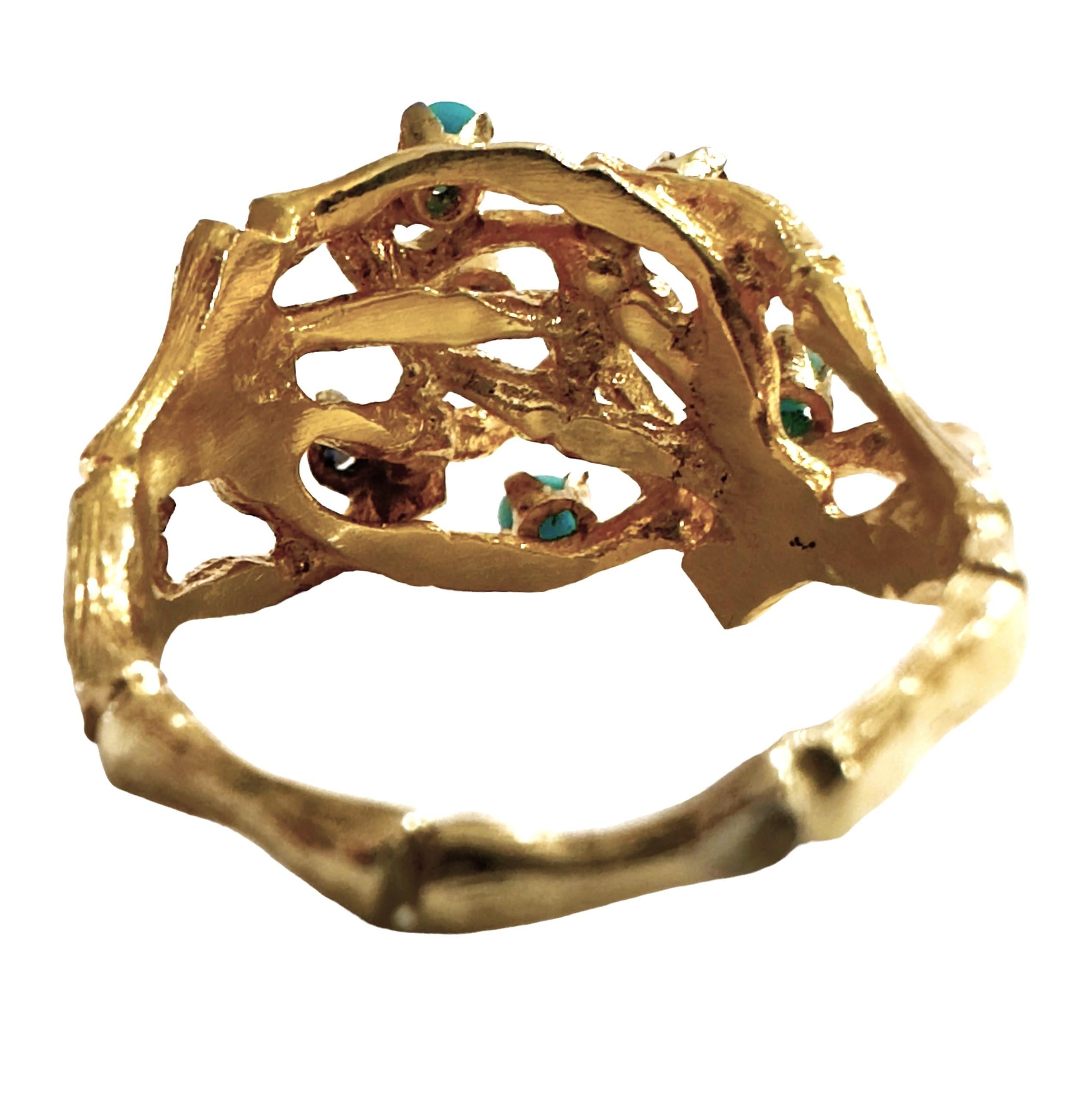 Round Cut Vintage 14k Yellow Gold Woven Branch Ring with Sapphires & Turquoise For Sale