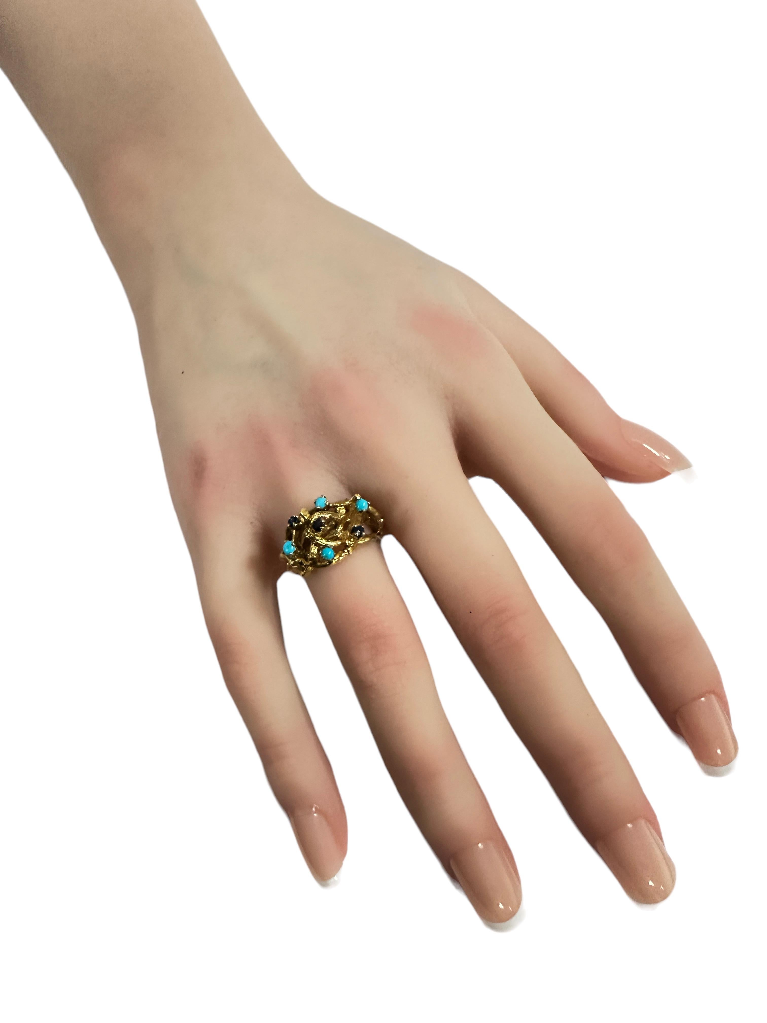 Women's Vintage 14k Yellow Gold Woven Branch Ring with Sapphires & Turquoise For Sale