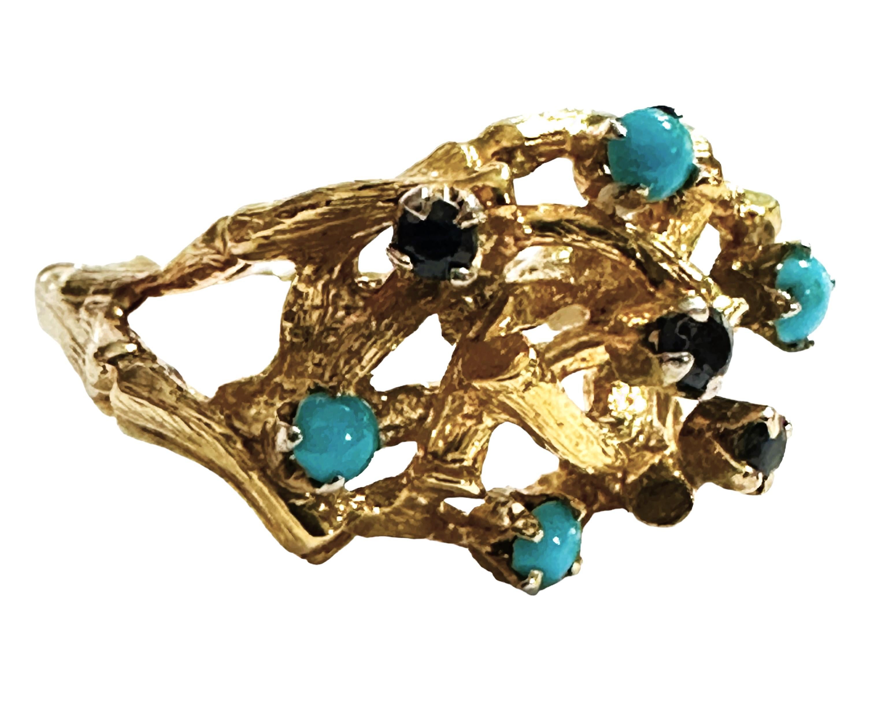 Vintage 14k Yellow Gold Woven Branch Ring with Sapphires & Turquoise For Sale 1