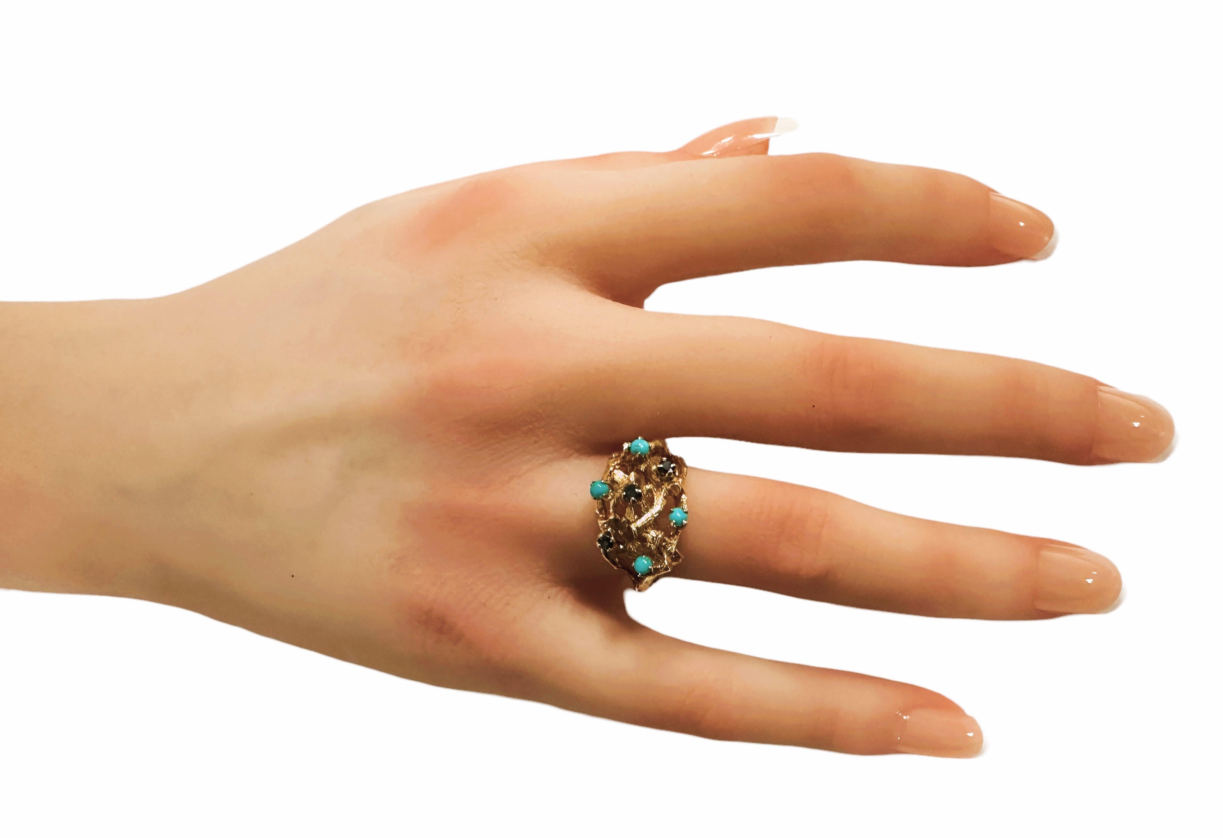 Vintage 14k Yellow Gold Woven Branch Ring with Sapphires & Turquoise For Sale 2
