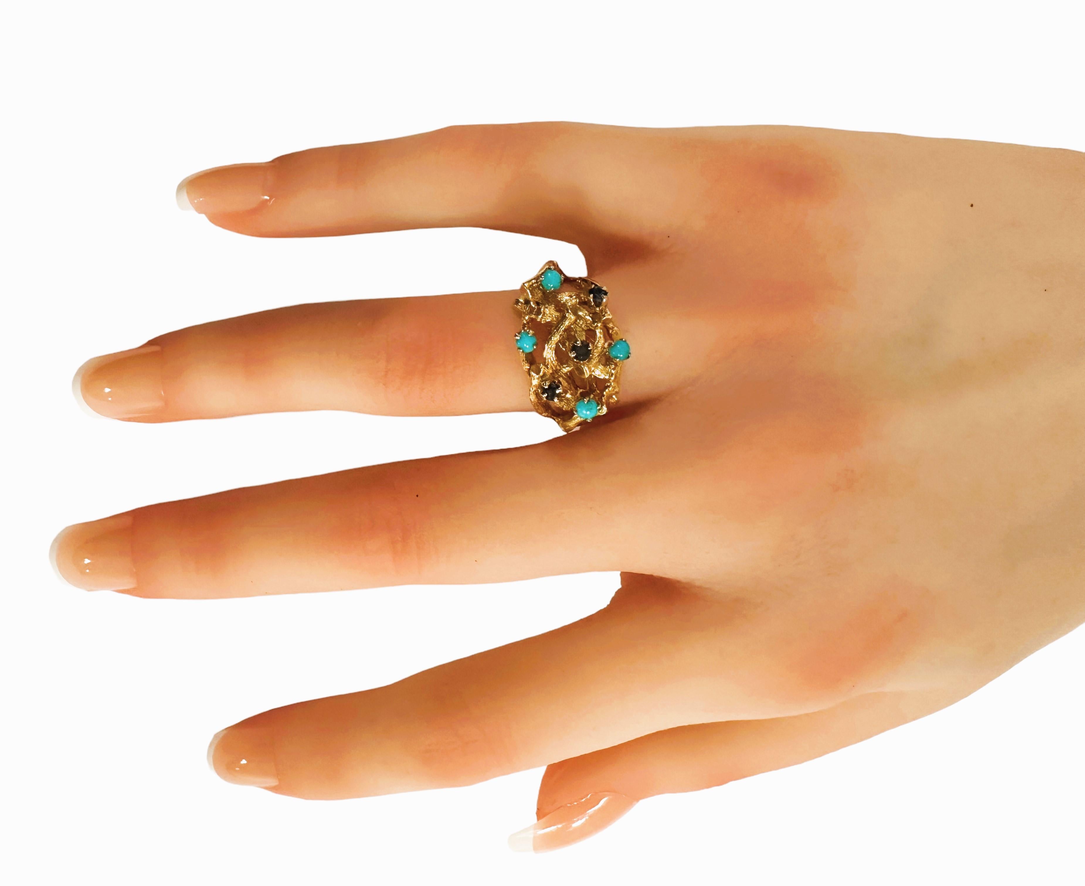 Vintage 14k Yellow Gold Woven Branch Ring with Sapphires & Turquoise For Sale 3