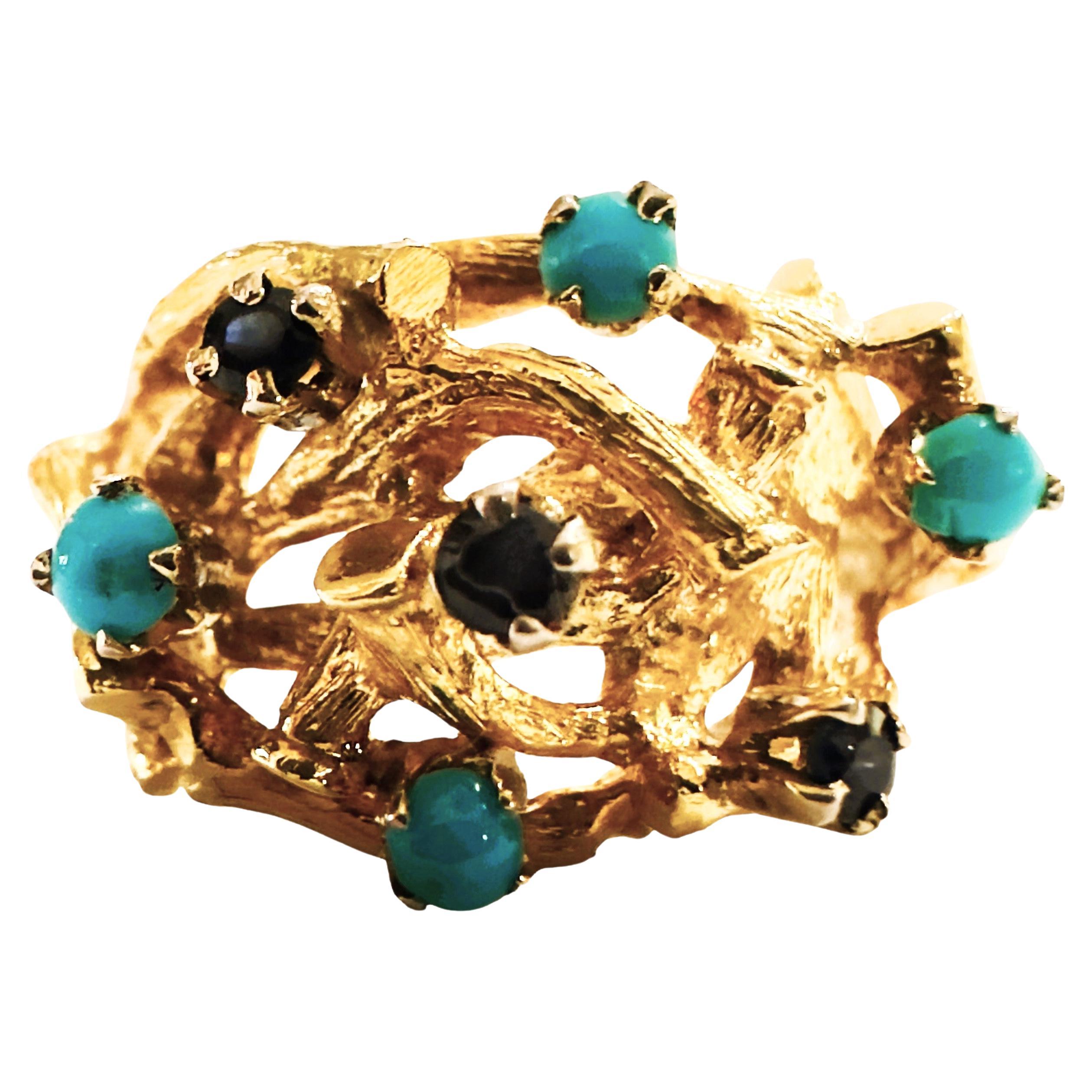 Vintage 14k Yellow Gold Woven Branch Ring with Sapphires & Turquoise For Sale
