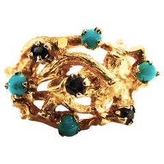 Vintage 14k Yellow Gold Woven Branch Ring with Sapphires & Turquoise