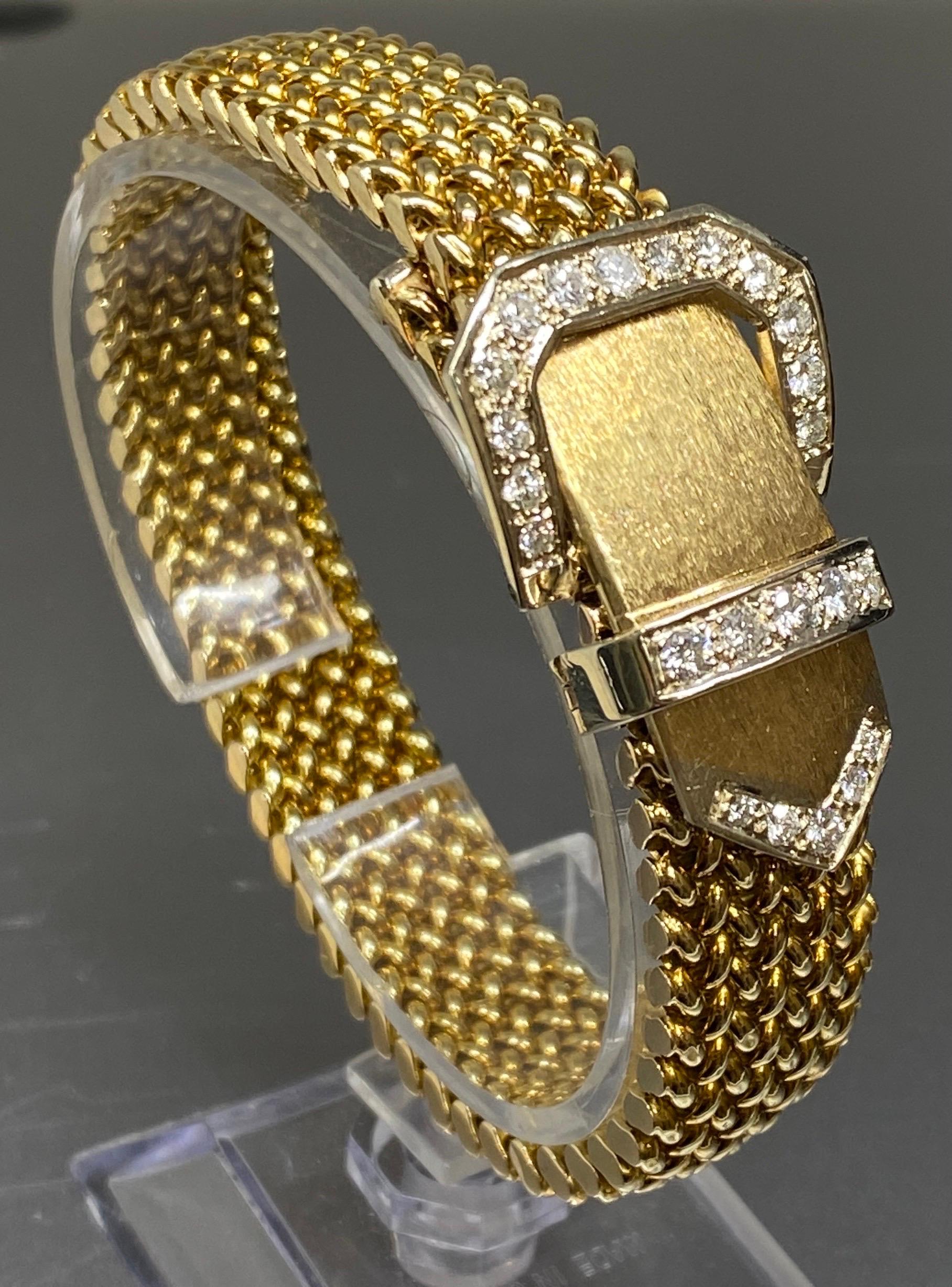 Vintage 14k Yellow Gold Woven Mesh Link Diamond Buckle Bracelet For Sale 5