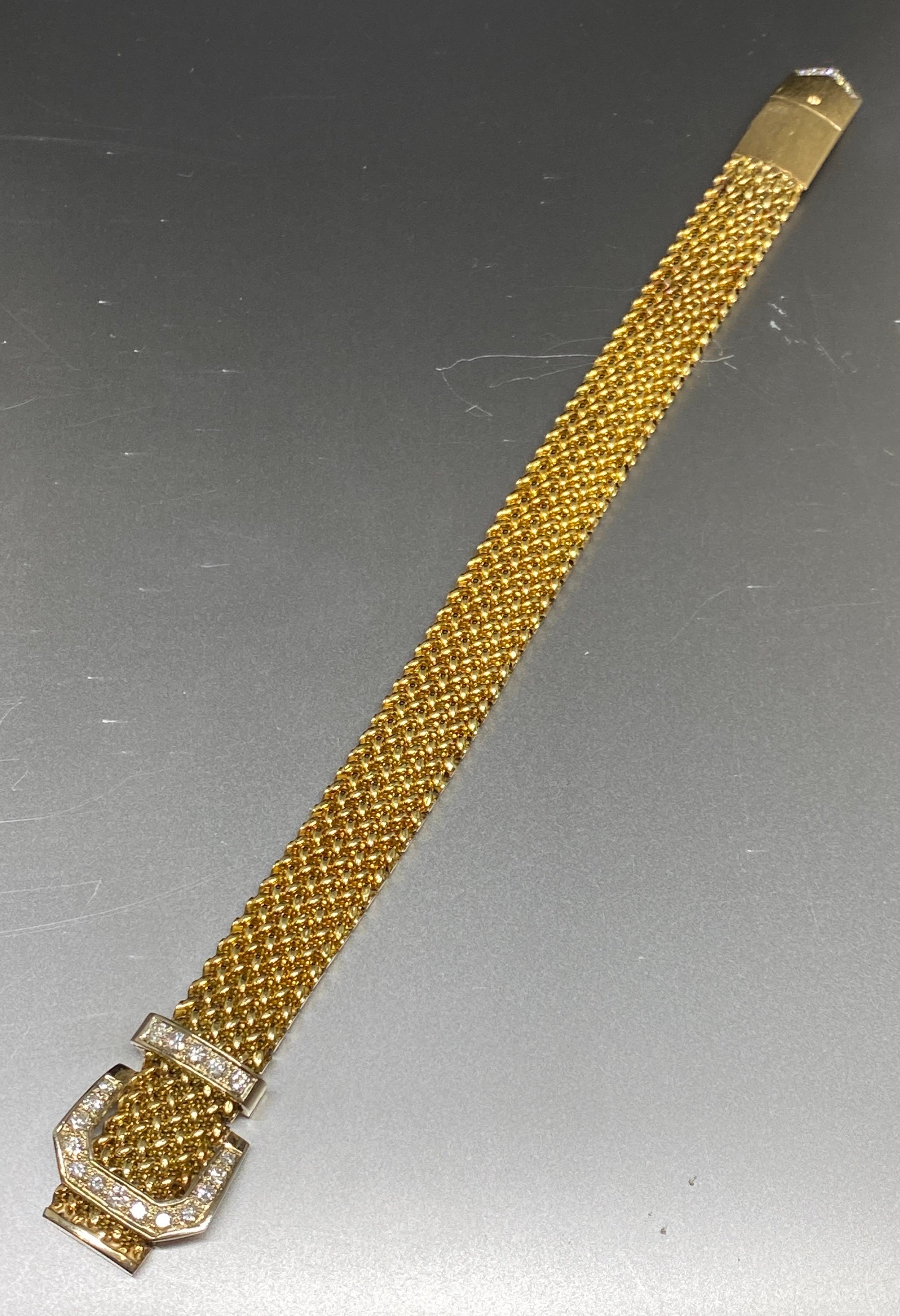 Vintage 14k Yellow Gold Woven Mesh Link Diamond Buckle Bracelet For Sale 6