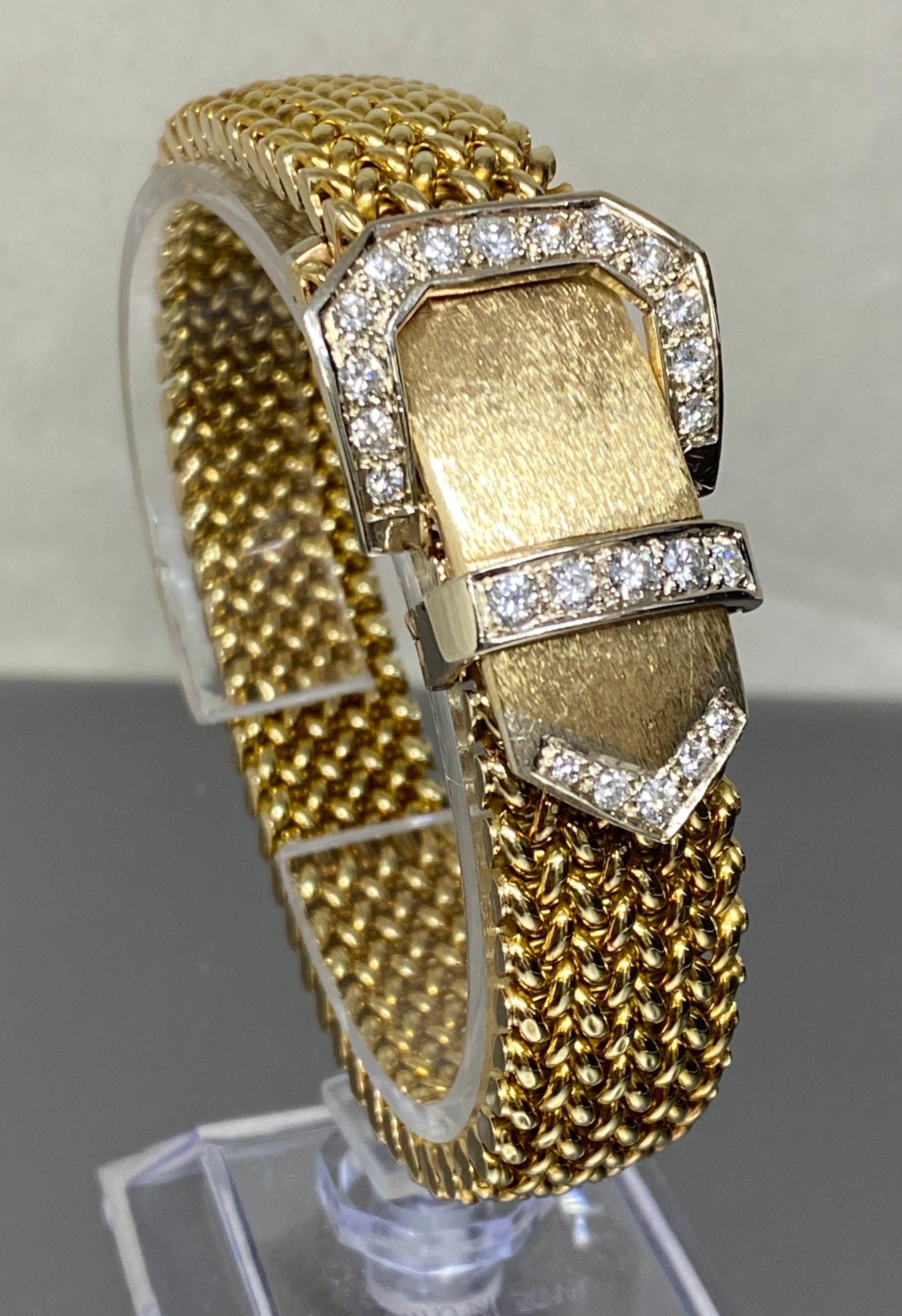 Vintage 14k Yellow Gold Woven Mesh Link Diamond Buckle Bracelet For Sale 7