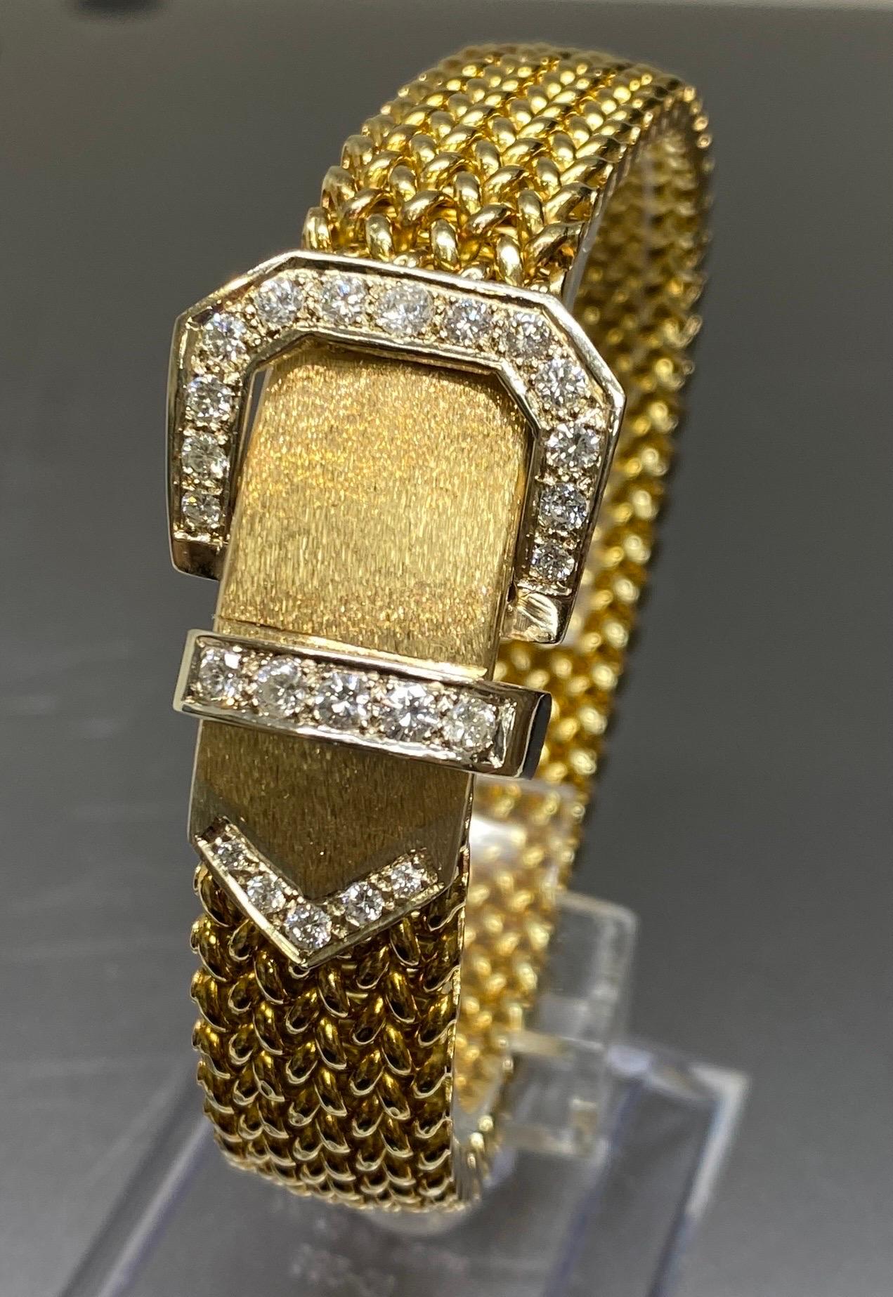 Vintage 14k Yellow Gold Woven Mesh Link Diamond Buckle Bracelet For Sale 8