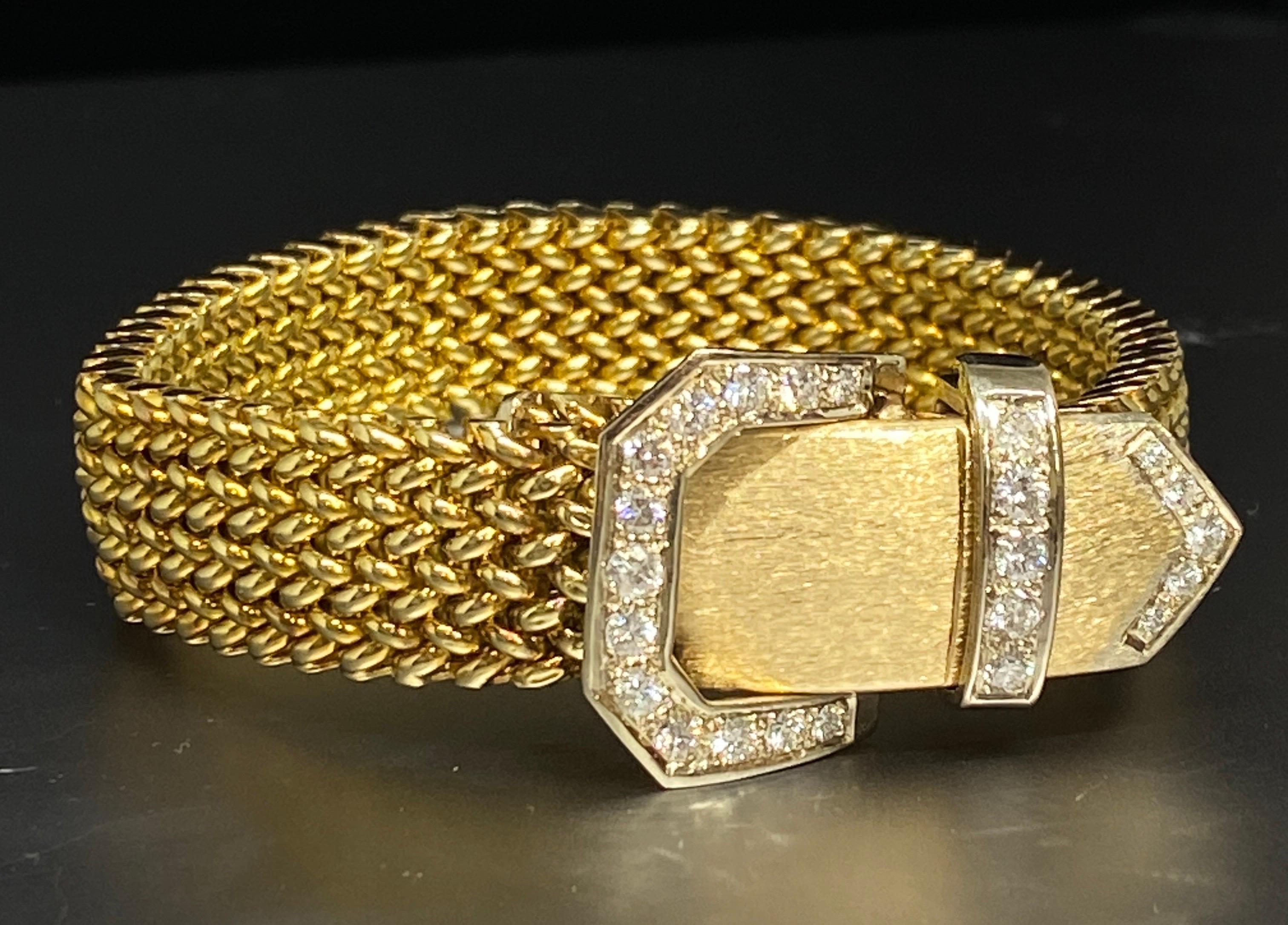 Vintage 14k Yellow Gold Woven Mesh Link Diamond Buckle Bracelet For Sale 9