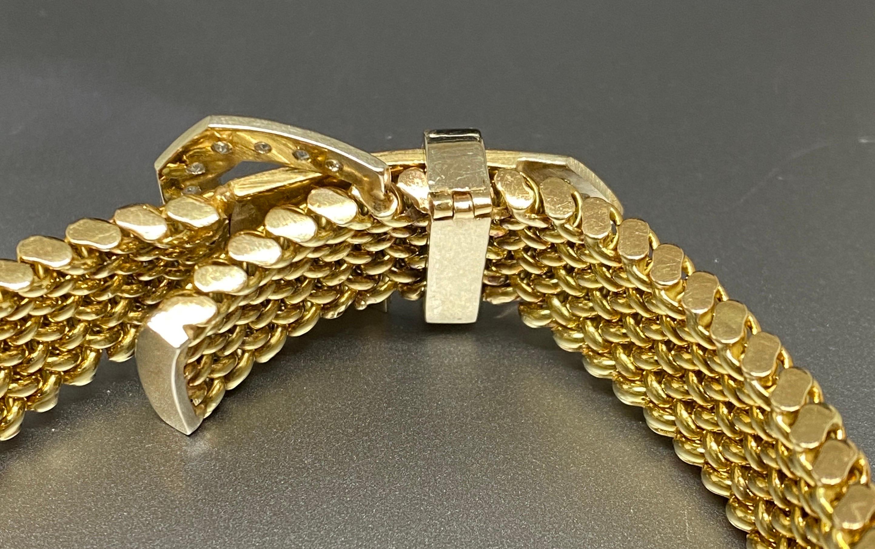 Vintage 14k Yellow Gold Woven Mesh Link Diamond Buckle Bracelet For Sale 10
