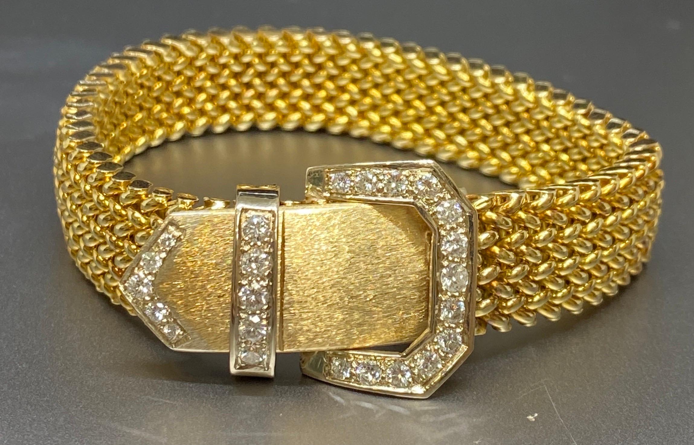 Vintage 14k Yellow Gold Woven Mesh Link Diamond Buckle Bracelet For Sale 11