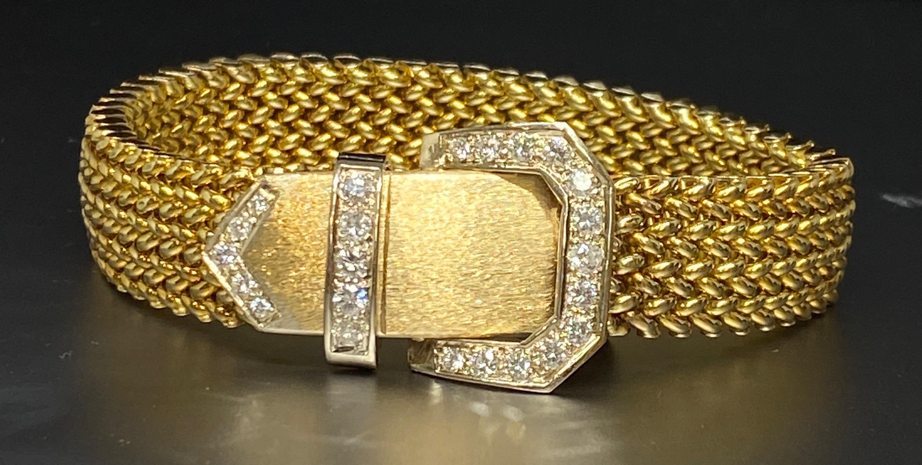 Women's Vintage 14k Yellow Gold Woven Mesh Link Diamond Buckle Bracelet For Sale
