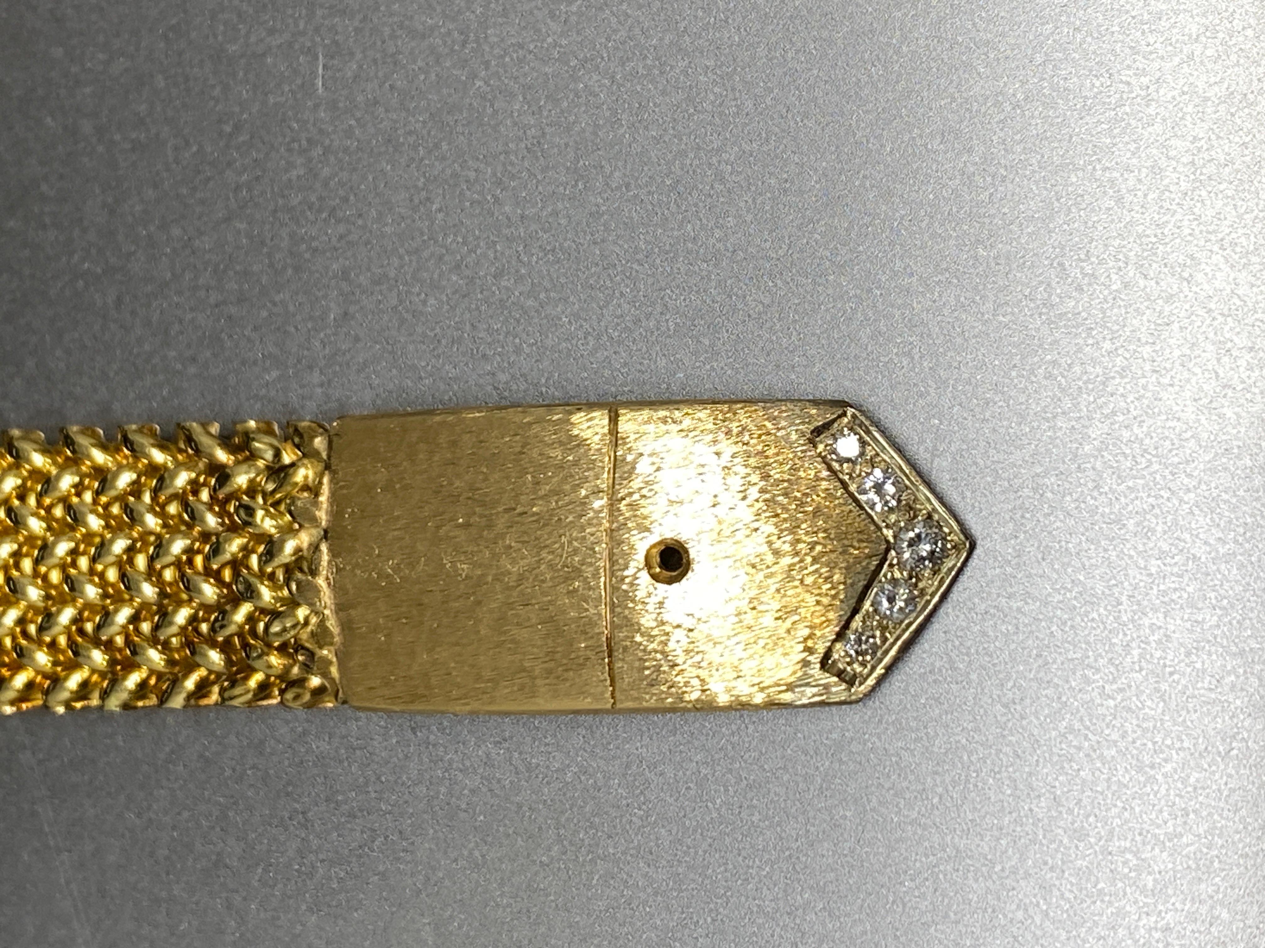 Vintage 14k Yellow Gold Woven Mesh Link Diamond Buckle Bracelet For Sale 1
