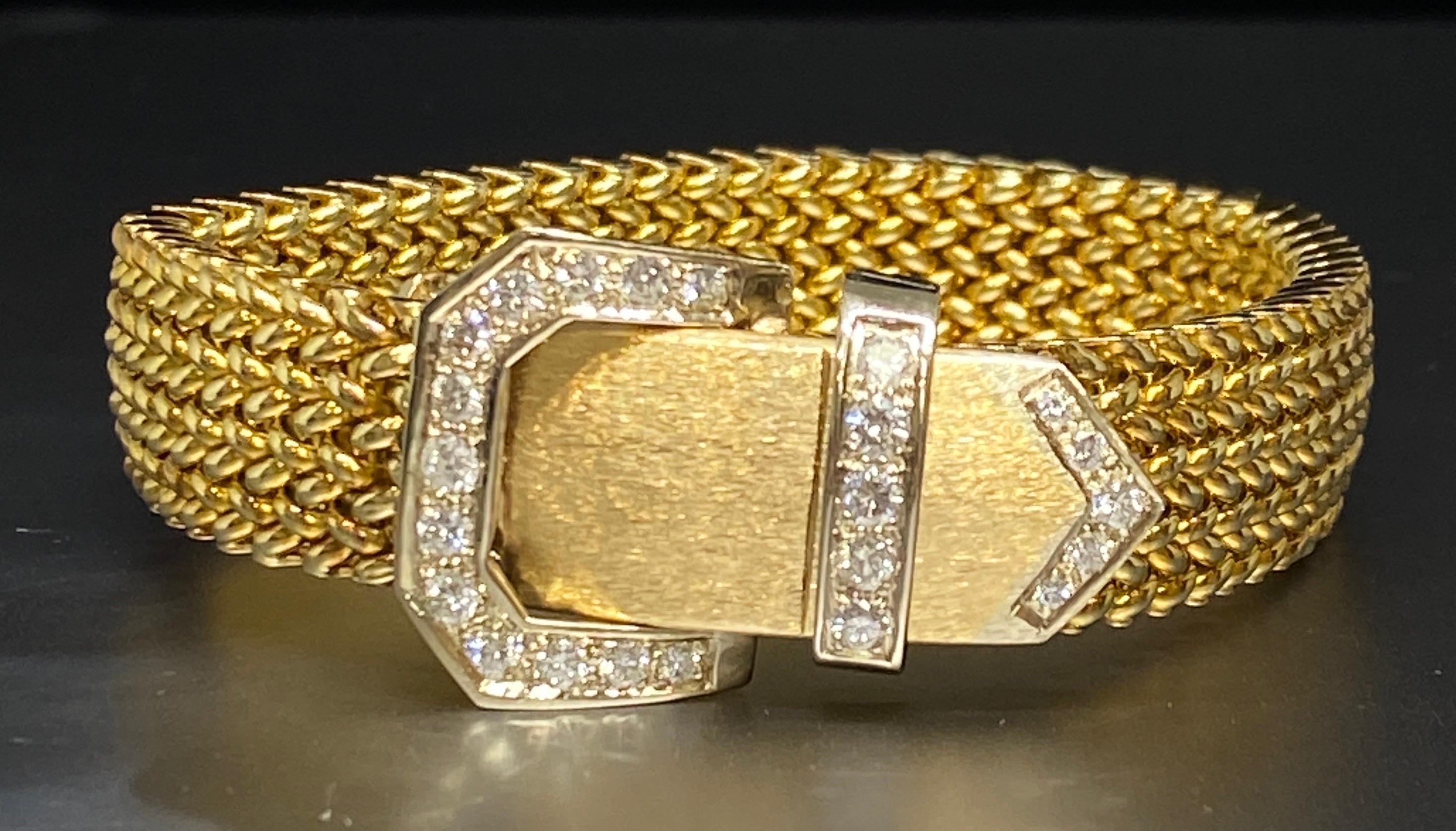Vintage 14k Yellow Gold Woven Mesh Link Diamond Buckle Bracelet For Sale 1
