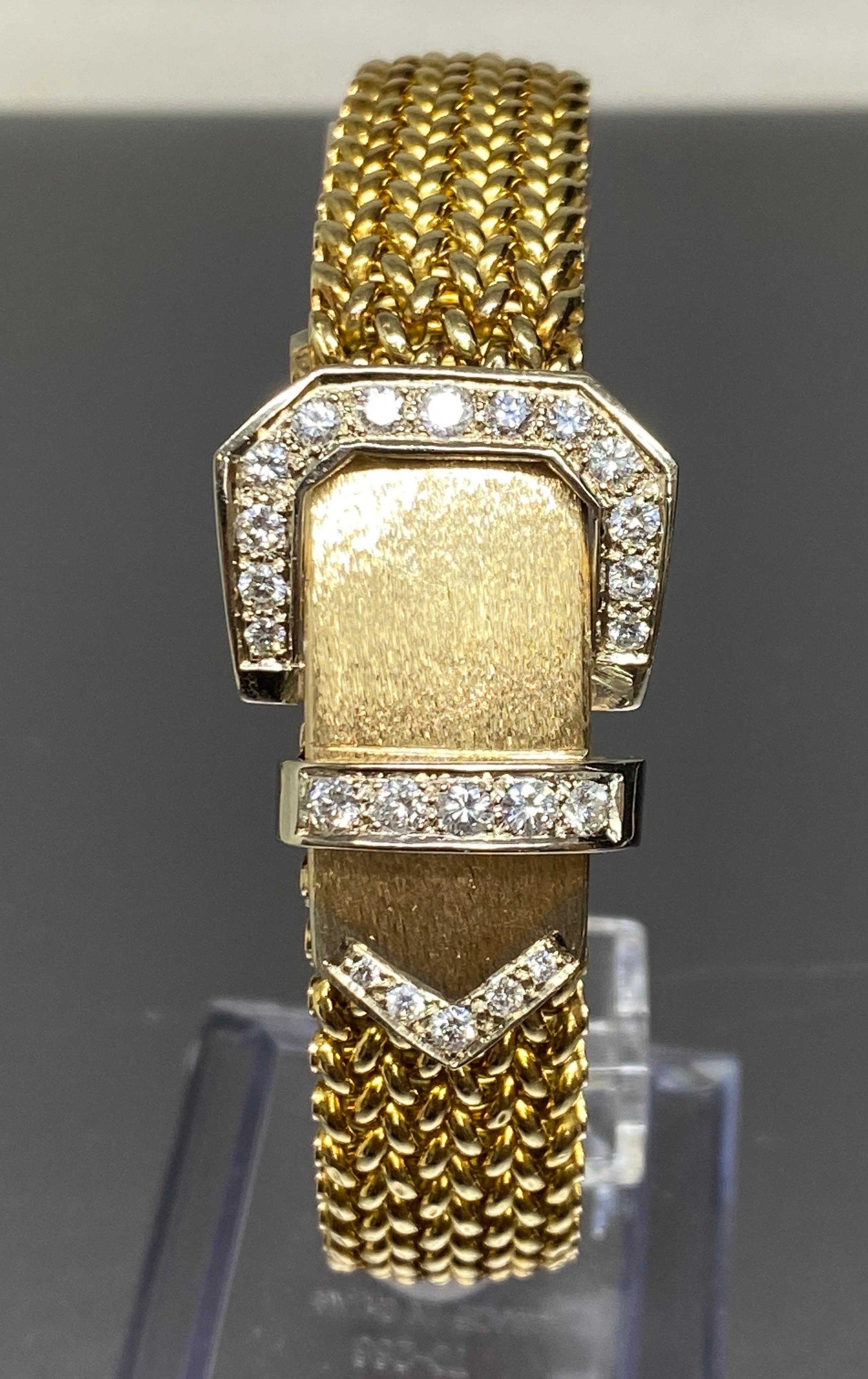 Vintage 14k Yellow Gold Woven Mesh Link Diamond Buckle Bracelet For Sale 3