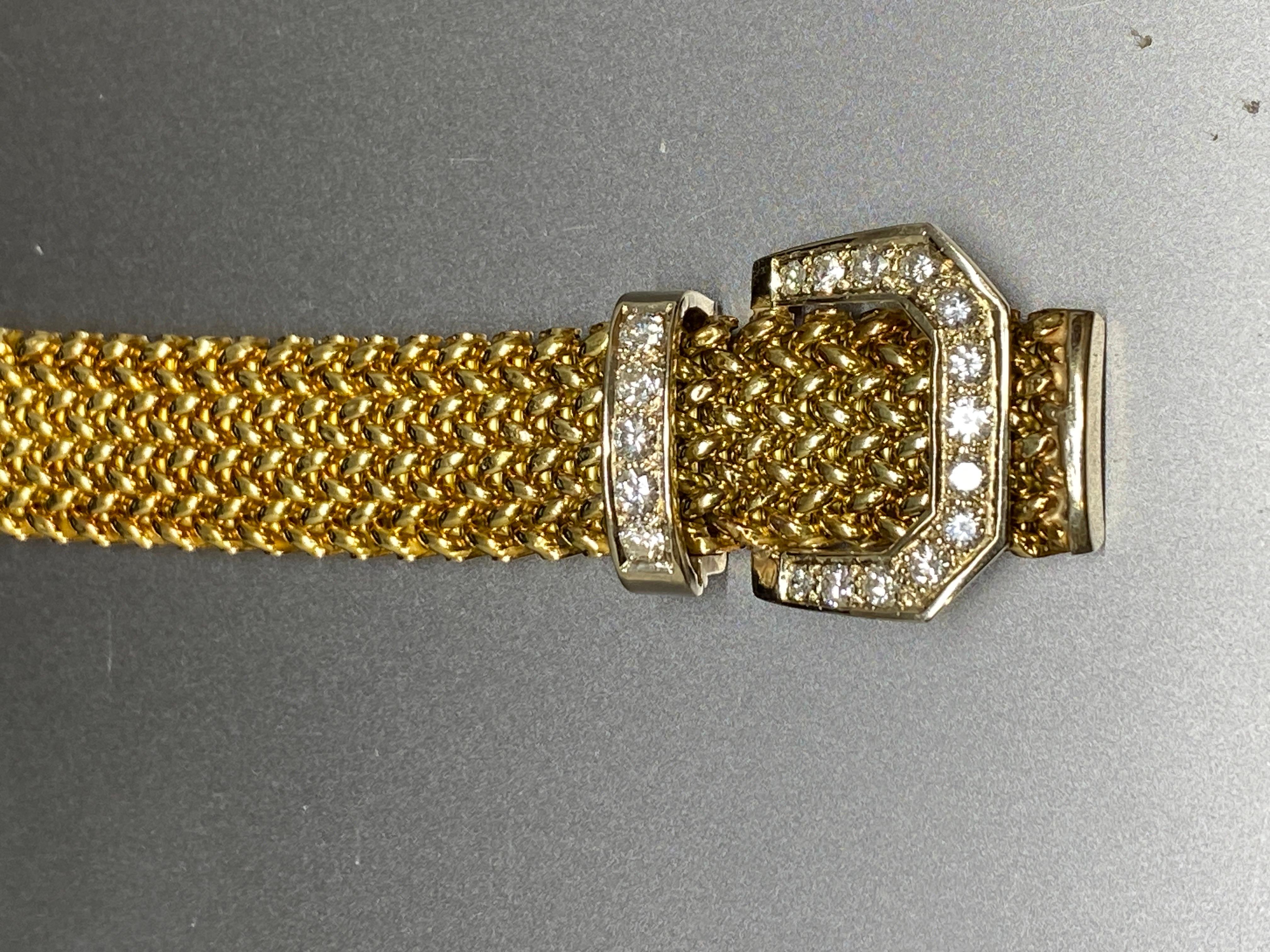 Vintage 14k Yellow Gold Woven Mesh Link Diamond Buckle Bracelet For Sale 4