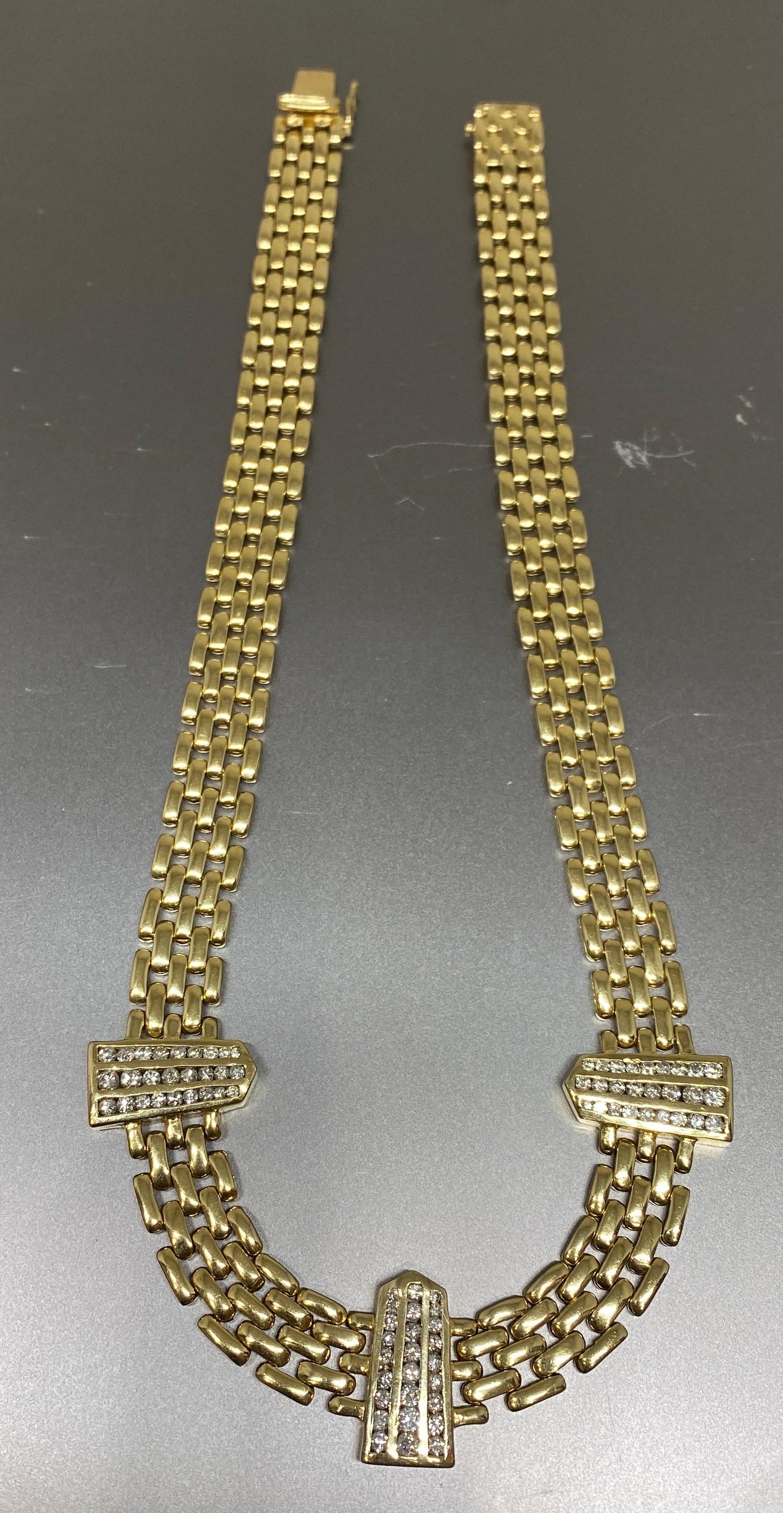 Vintage 14k Yellow Gold Woven Panther Link & Diamond Station Necklace  For Sale 9