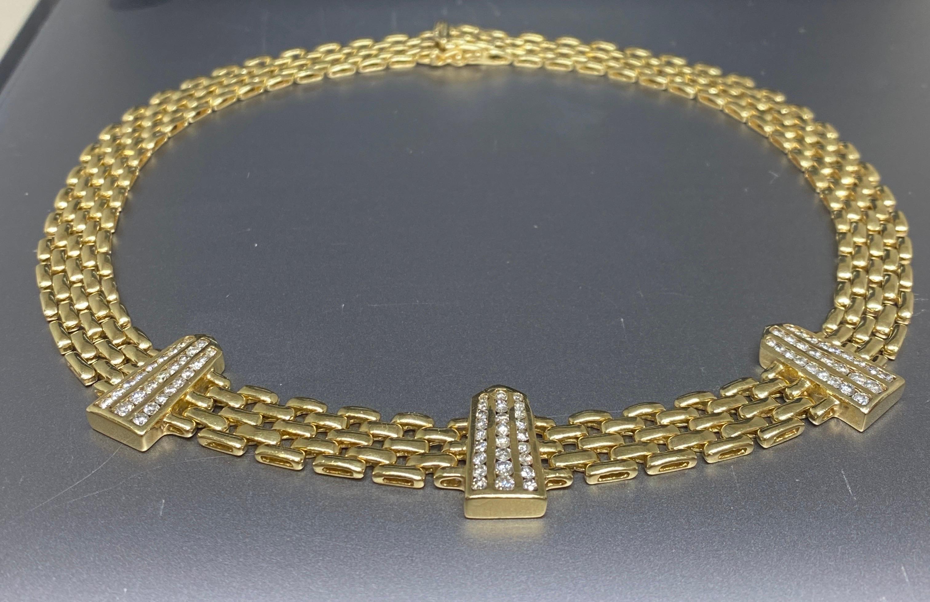 Vintage 14k Yellow Gold Woven Panther Link & Diamond Station Necklace  For Sale 11