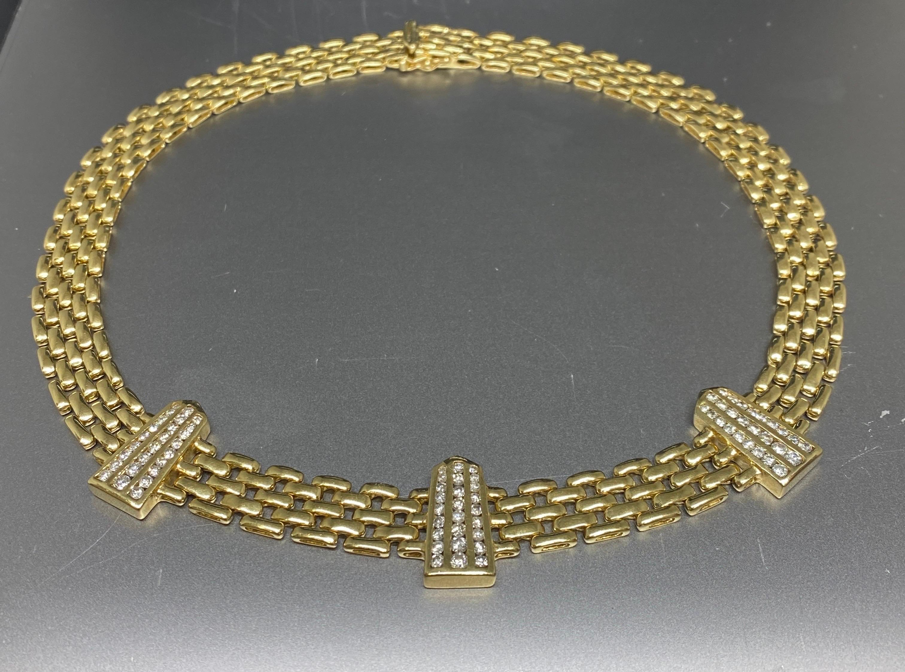Vintage 14k Yellow Gold Woven Panther Link & Diamond Station Necklace  For Sale 12