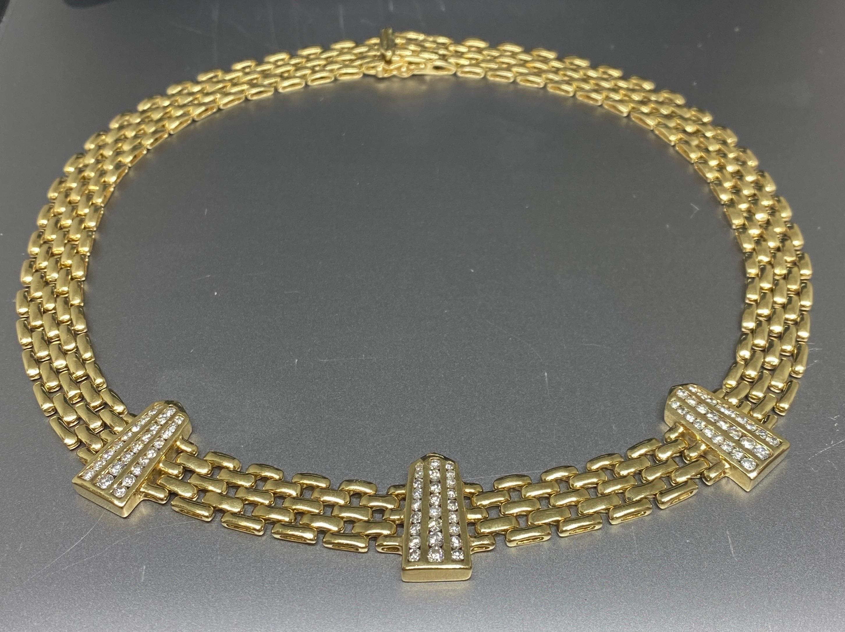 Vintage 14k Yellow Gold Woven Panther Link & Diamond Station Necklace  For Sale 13
