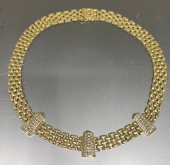 Vintage 14k Yellow Gold Woven Panther Link & Diamond Station Necklace
