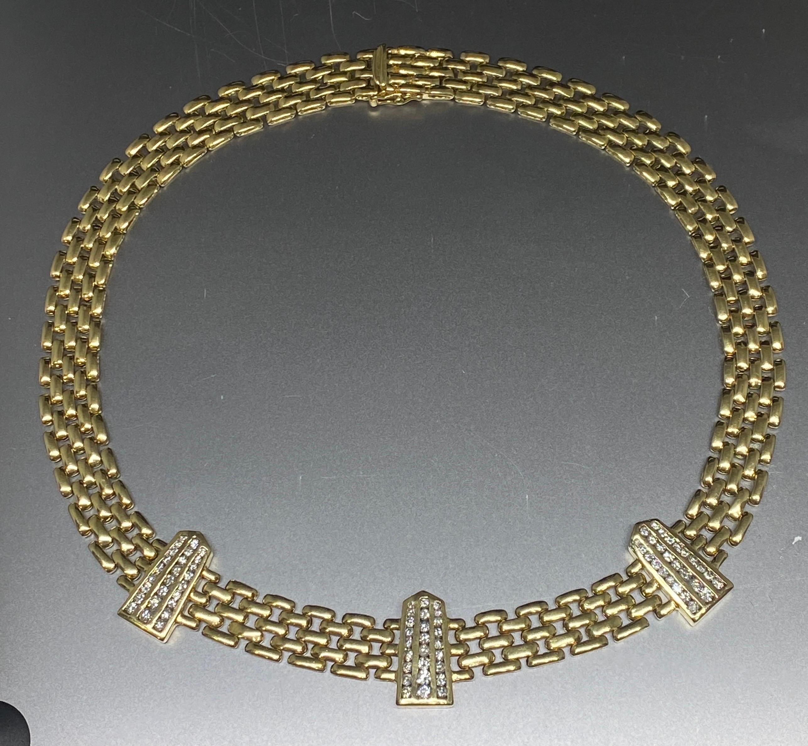 Vintage 14k Yellow Gold Woven Panther Link & Diamond Station Necklace  For Sale 14