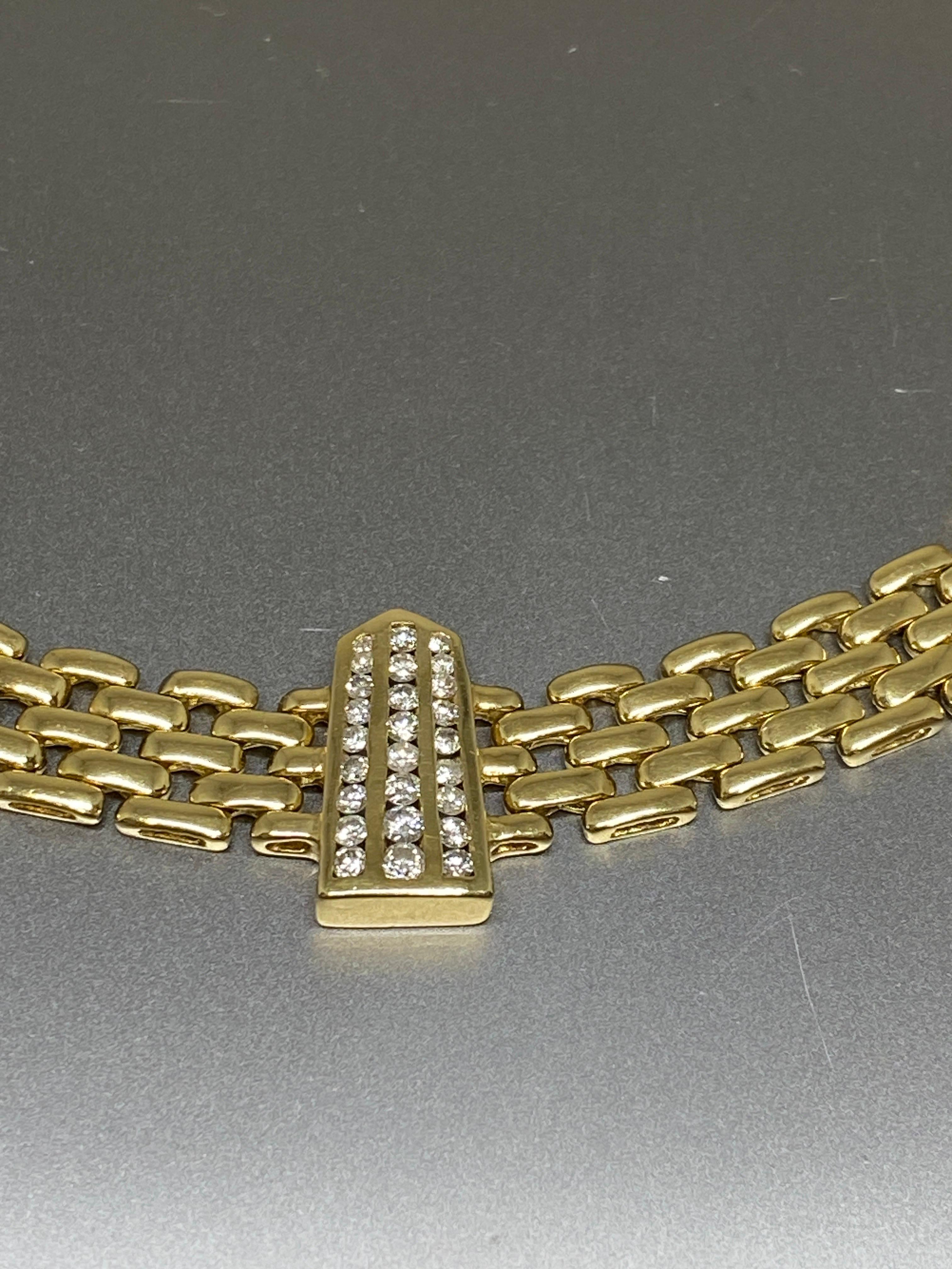 Round Cut Vintage 14k Yellow Gold Woven Panther Link & Diamond Station Necklace  For Sale