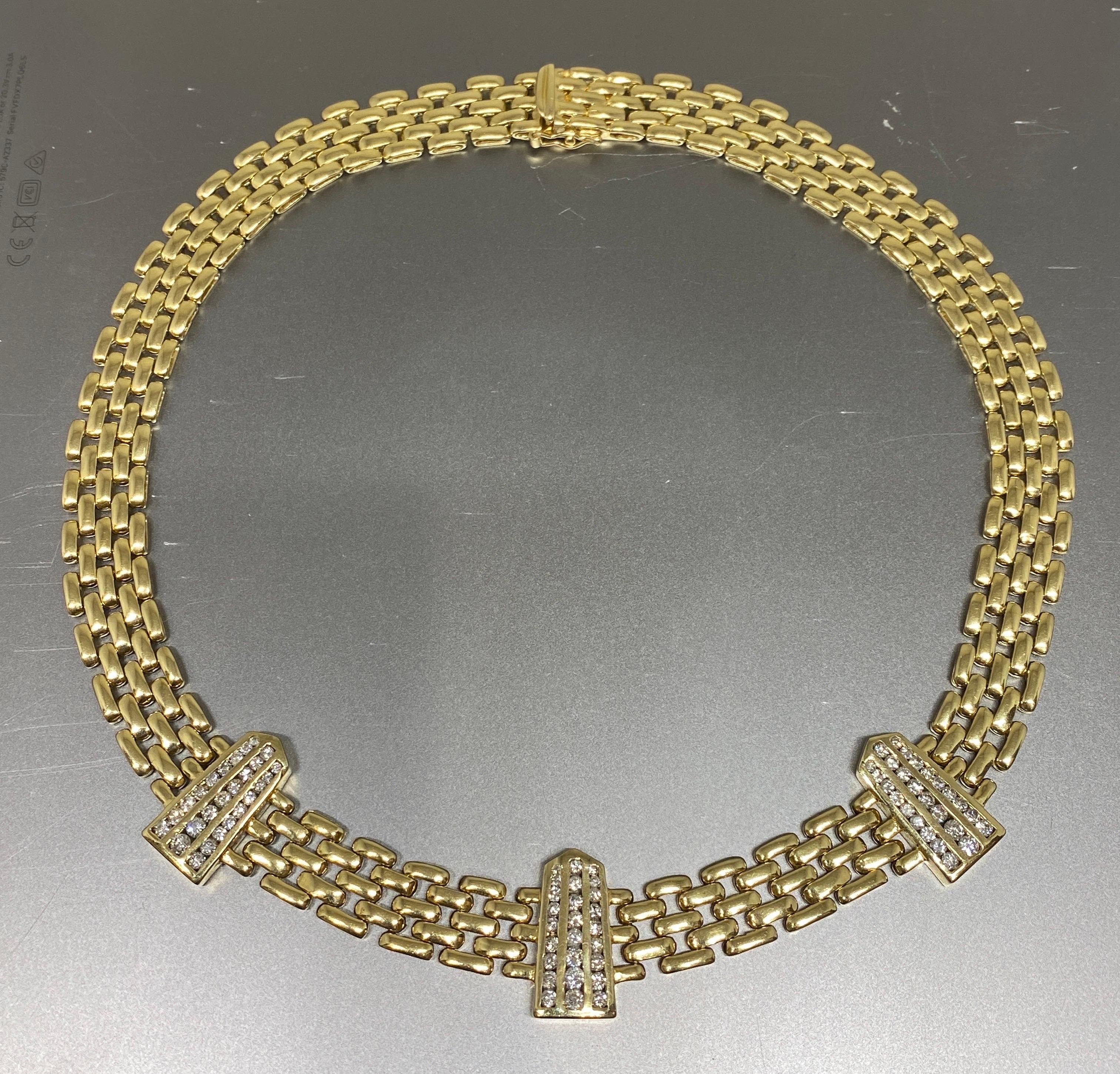 Vintage 14k Yellow Gold Woven Panther Link & Diamond Station Necklace  In Good Condition For Sale In Bernardsville, NJ