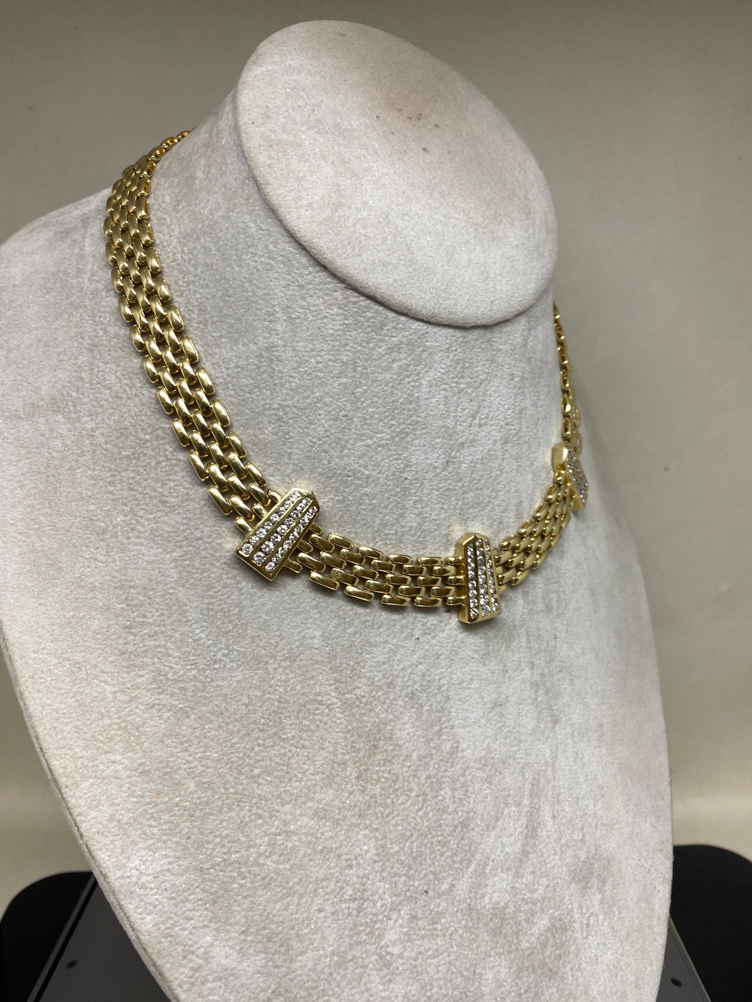 Women's Vintage 14k Yellow Gold Woven Panther Link & Diamond Station Necklace  For Sale