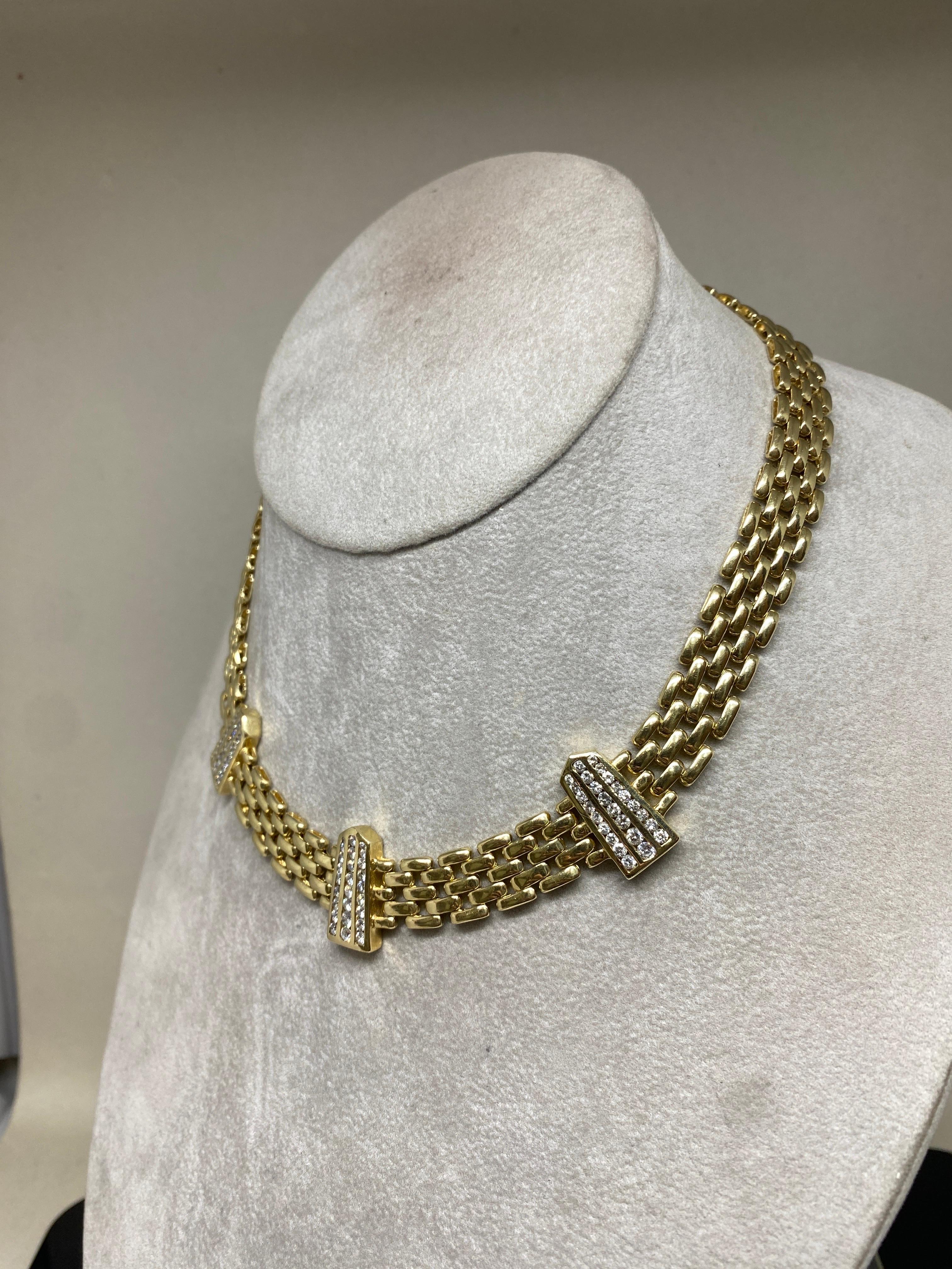 Vintage 14k Yellow Gold Woven Panther Link & Diamond Station Necklace  For Sale 1
