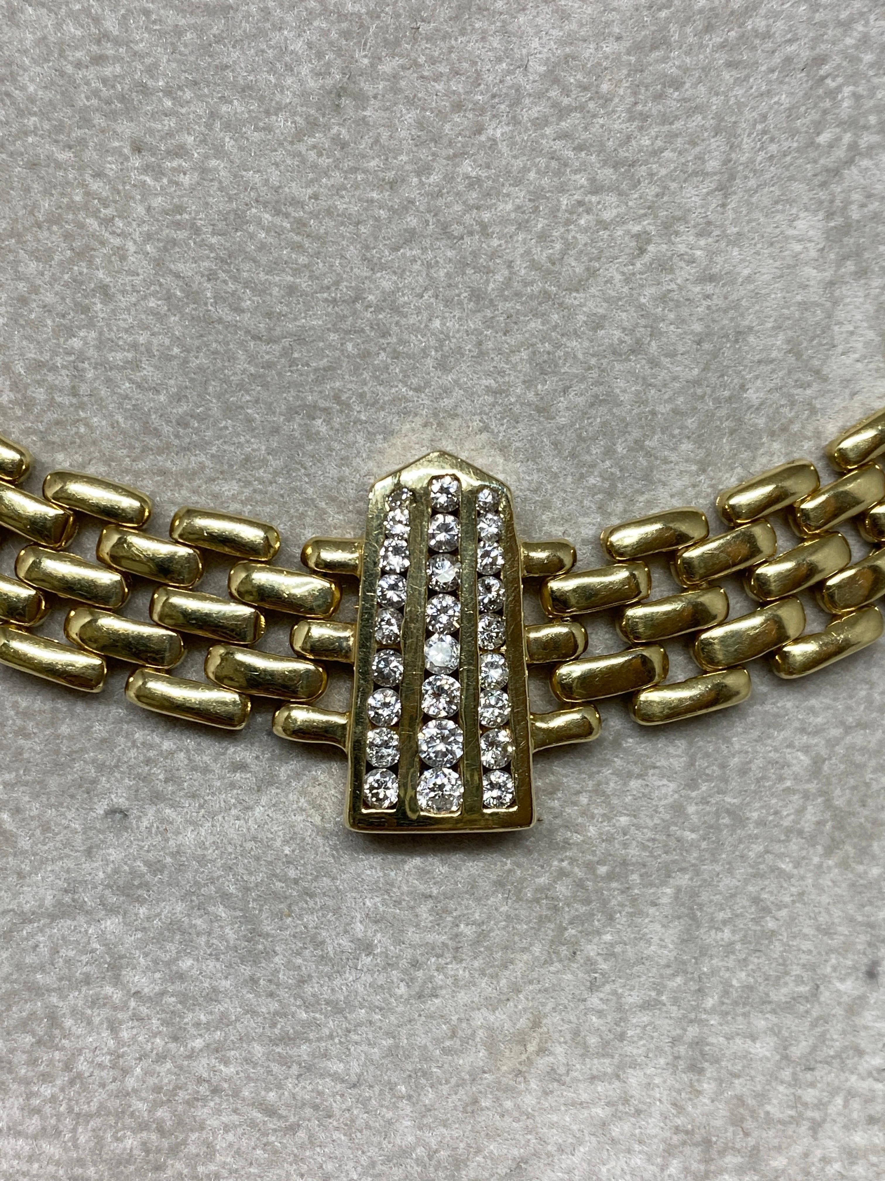 Vintage 14k Yellow Gold Woven Panther Link & Diamond Station Necklace  For Sale 2