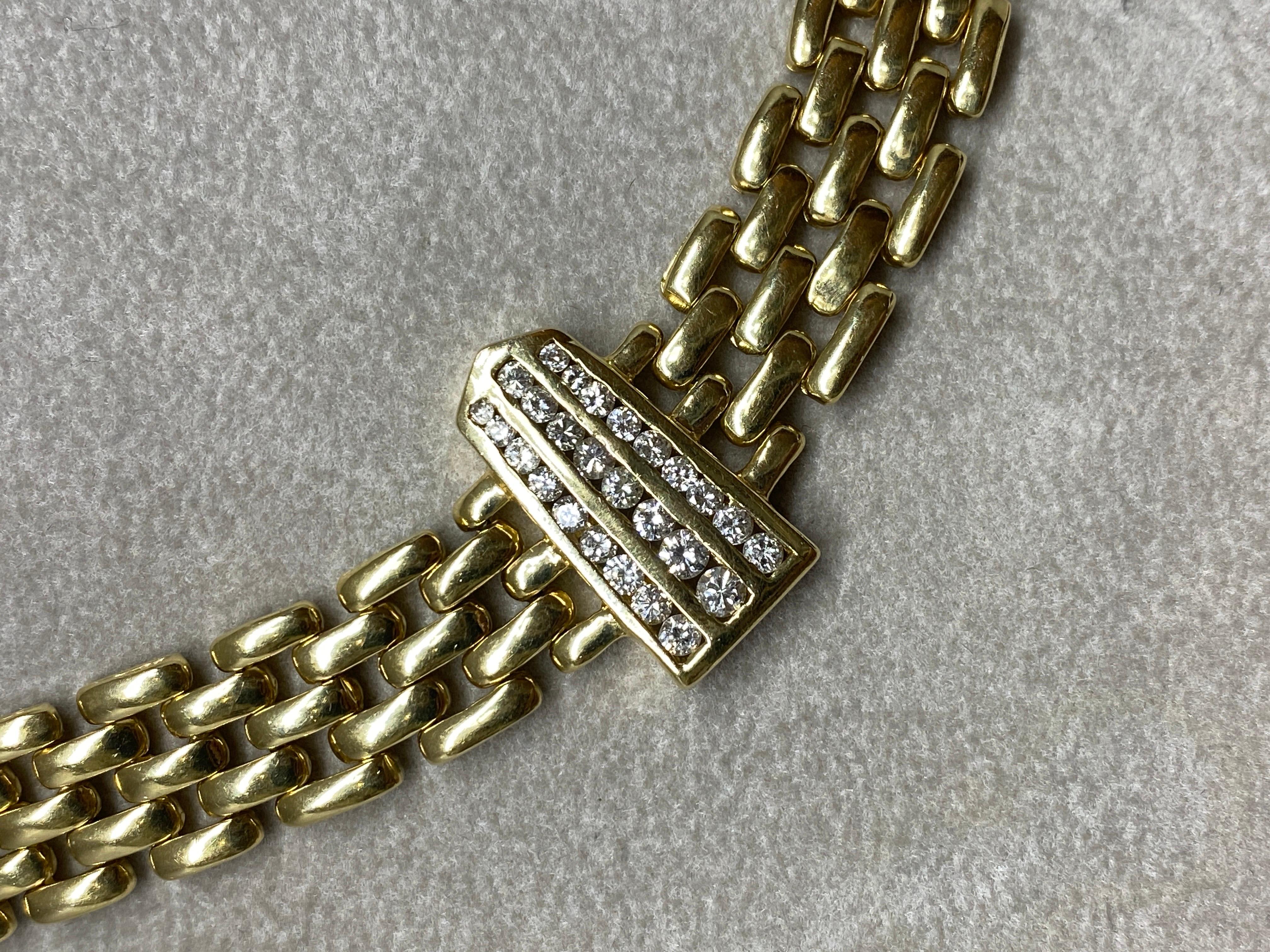Vintage 14k Yellow Gold Woven Panther Link & Diamond Station Necklace  For Sale 3