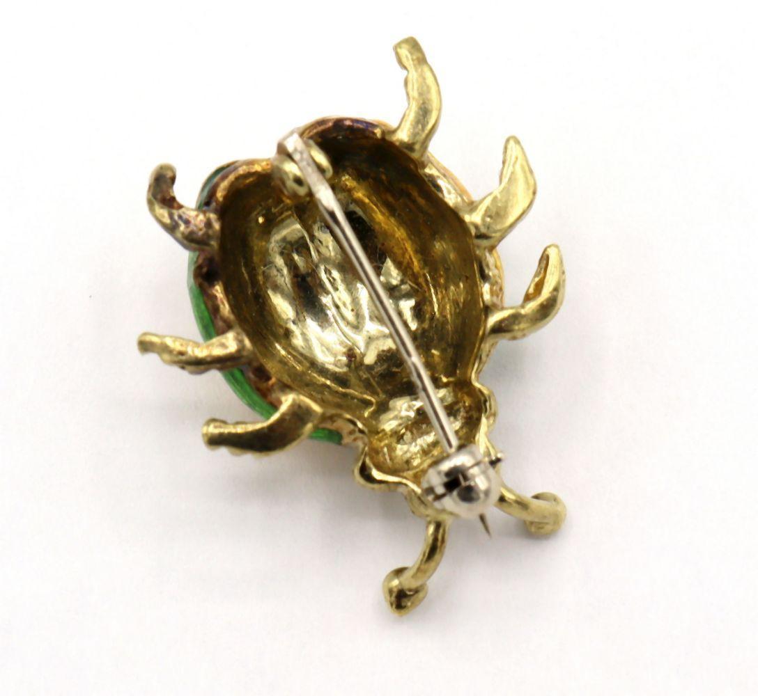 Art Deco Vintage 14K Yellow Gold Yellow & Green Enamel Beetle Brooch For Sale