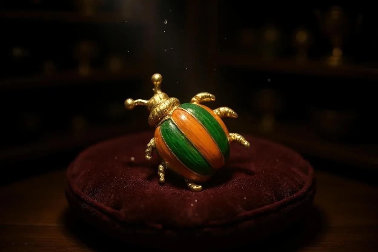 Vintage 14K Yellow Gold Yellow & Green Enamel Beetle Brooch For Sale 1