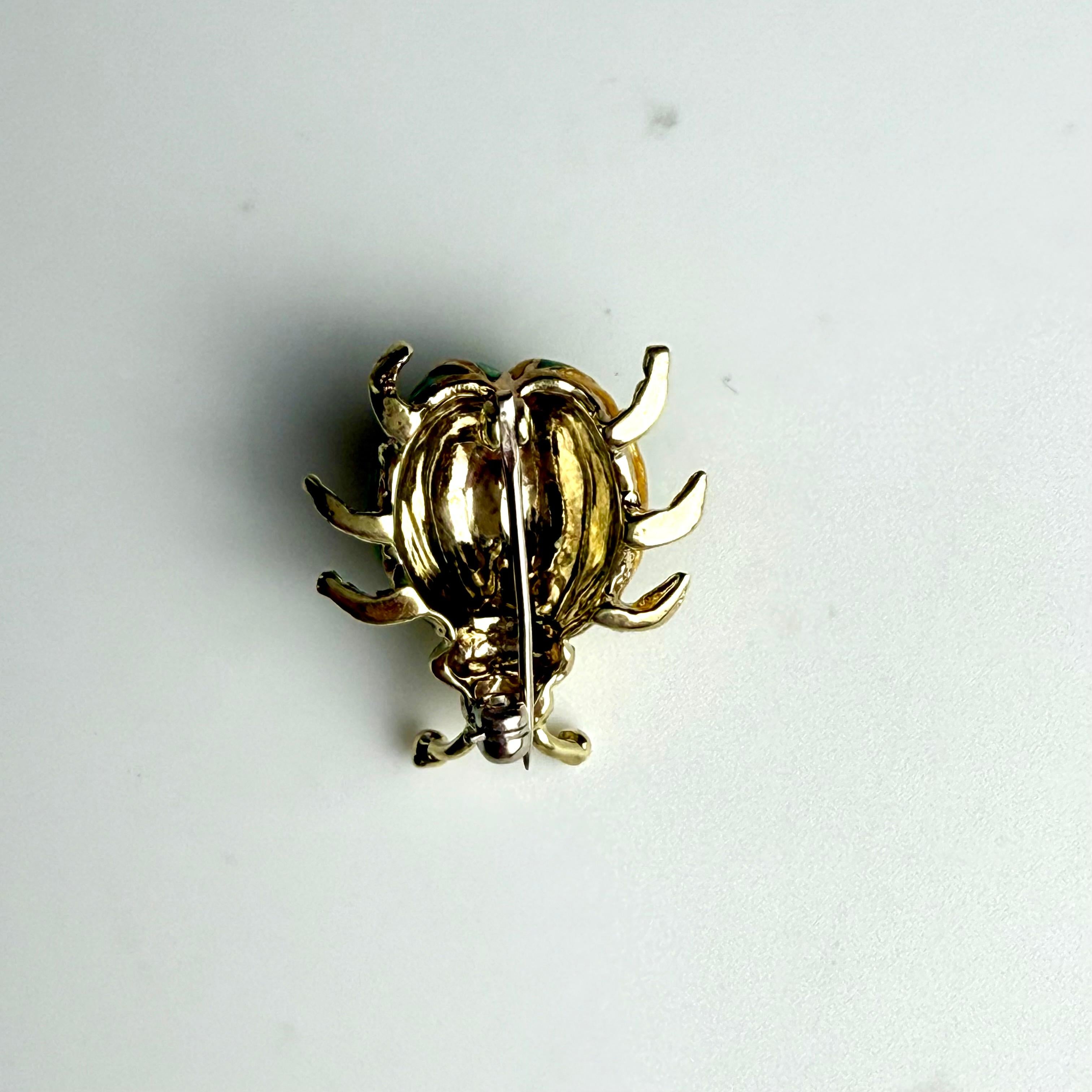 Vintage 14K Yellow Gold Yellow & Green Enamel Beetle Brooch For Sale 2