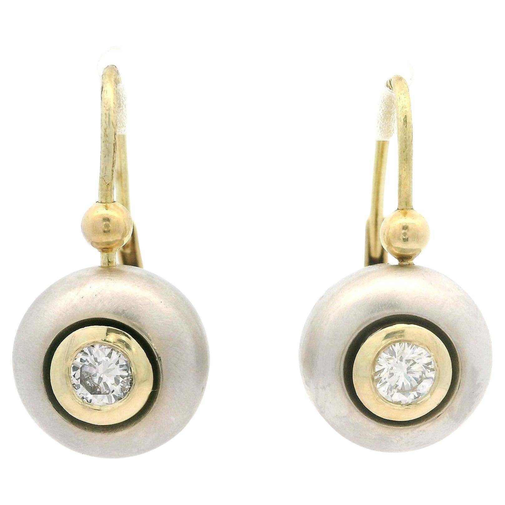 Vintage 14k Yellow & White Gold 0.37ctw Diamond Brushed Dangle Drop Earrings