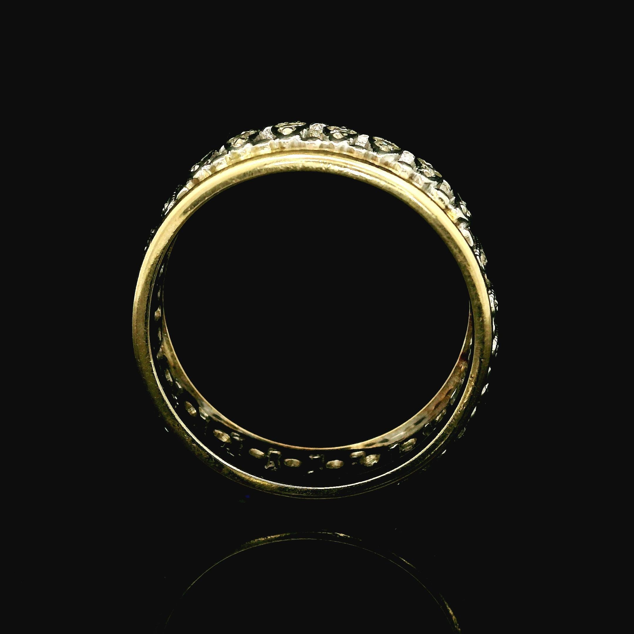 --Stone(s):--
Numerous Natural Genuine Diamonds -Single Cut - Pave Set - Nice White Color 
Total Carat Weight: 0.42 (exact)

Material: Solid 14K Yellow Gold Outside & White Gold Inside
Weight: 4.63 Grams
Ring Size: 6.5 (Fitted on a finger. We CANNOT
