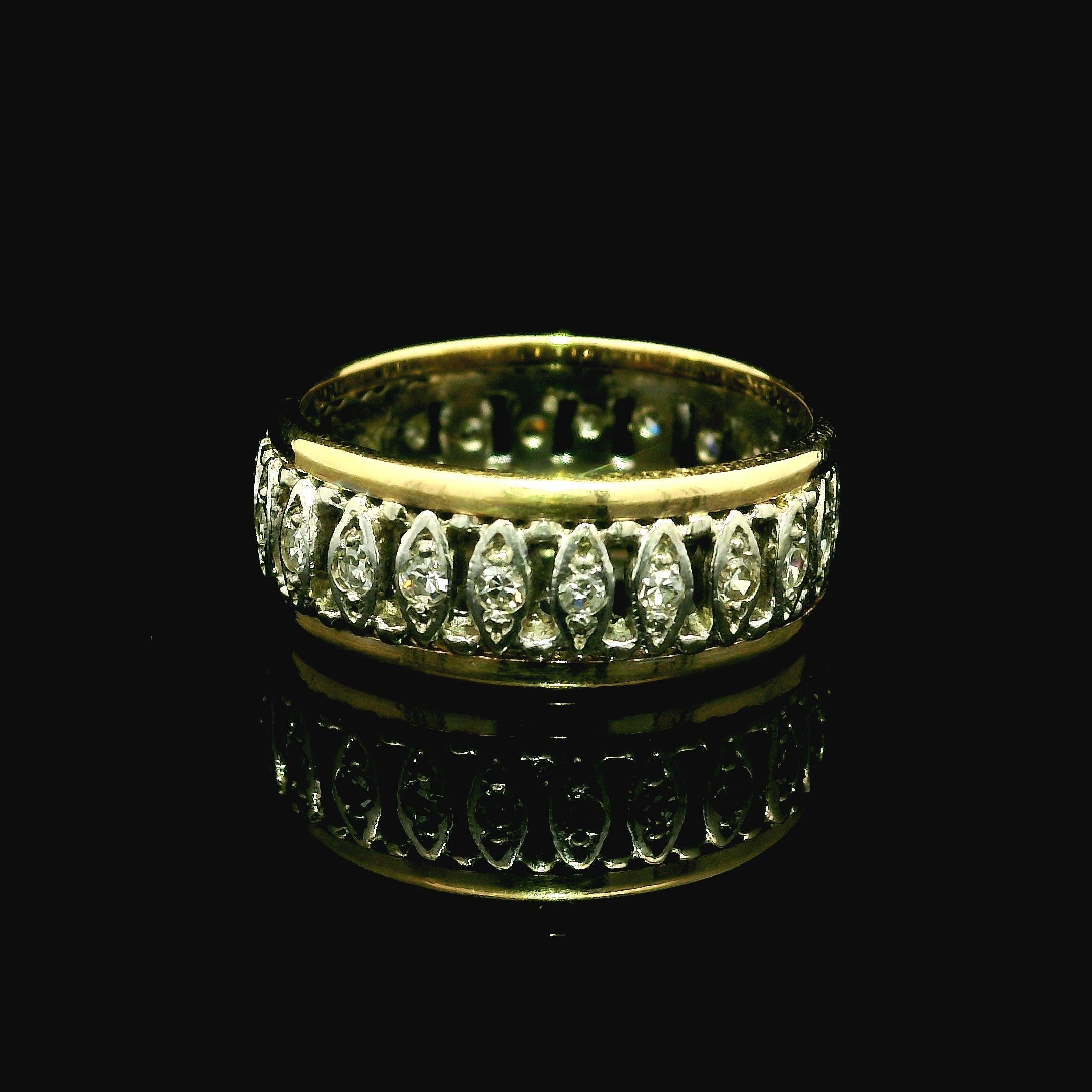 Single Cut Vintage 14k Yellow & White Gold 0.42ctw Diamond Open Work 7.3mm Wide Band Ring For Sale