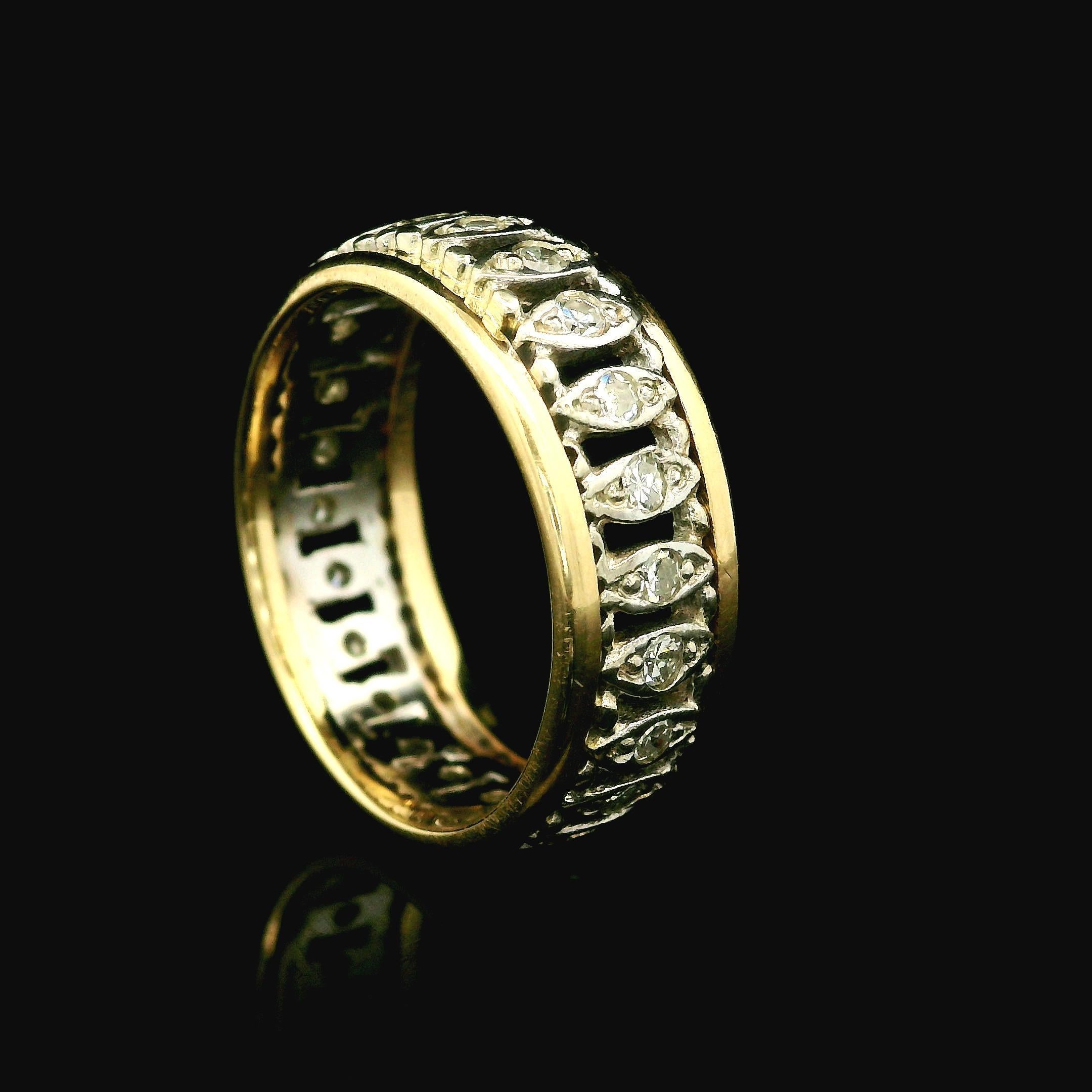 Vintage 14k Yellow & White Gold 0.42ctw Diamond Open Work 7.3mm Wide Band Ring In Excellent Condition For Sale In Montclair, NJ
