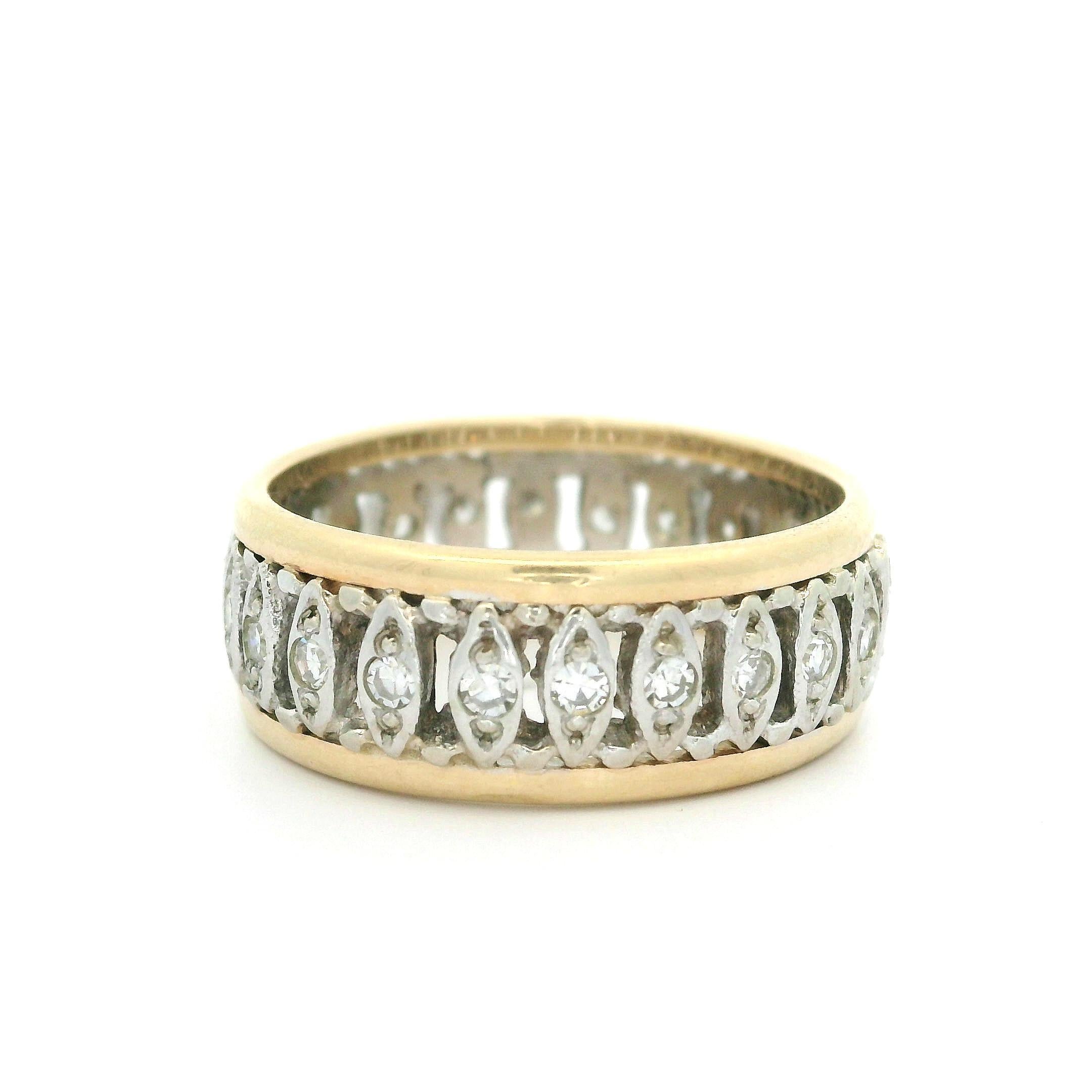 Women's Vintage 14k Yellow & White Gold 0.42ctw Diamond Open Work 7.3mm Wide Band Ring For Sale