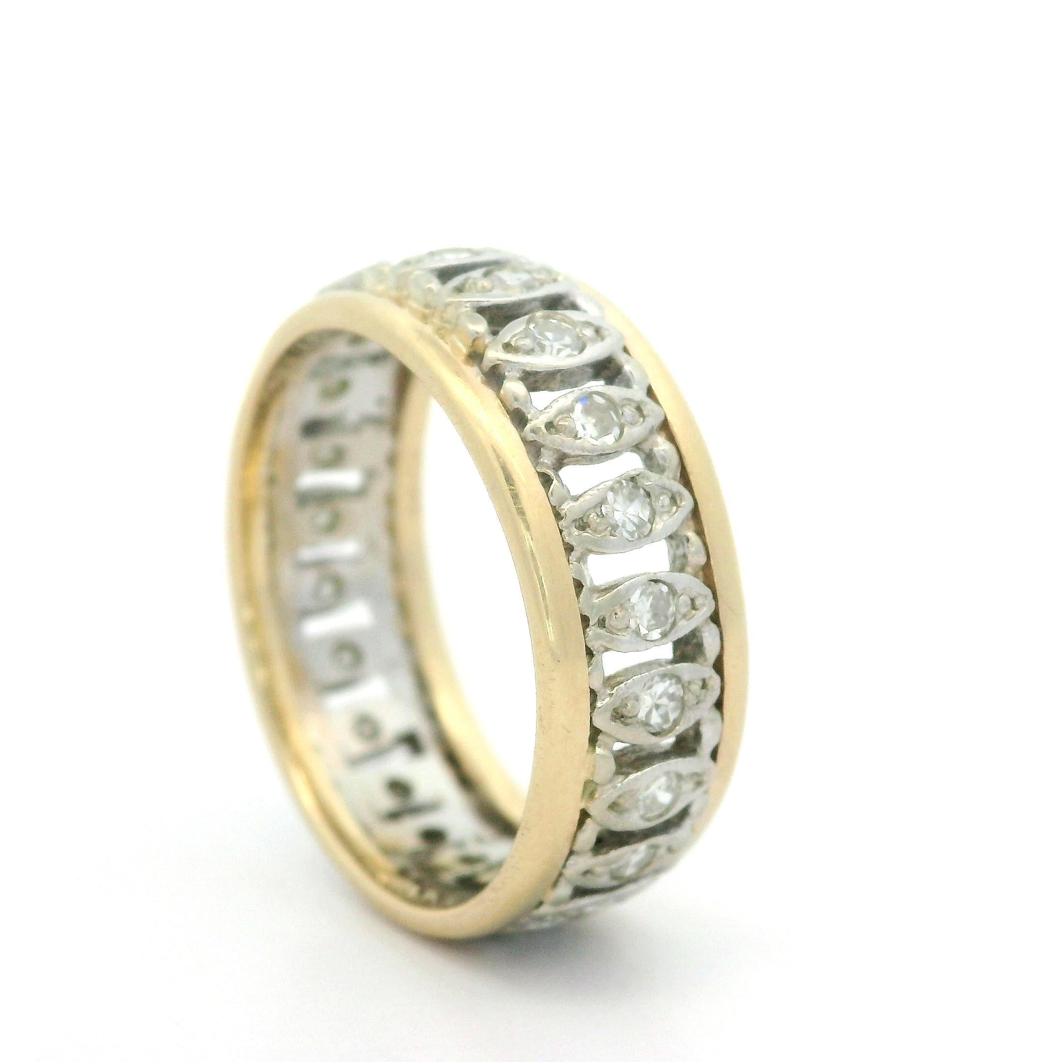 Vintage 14k Yellow & White Gold 0.42ctw Diamond Open Work 7.3mm Wide Band Ring For Sale 2