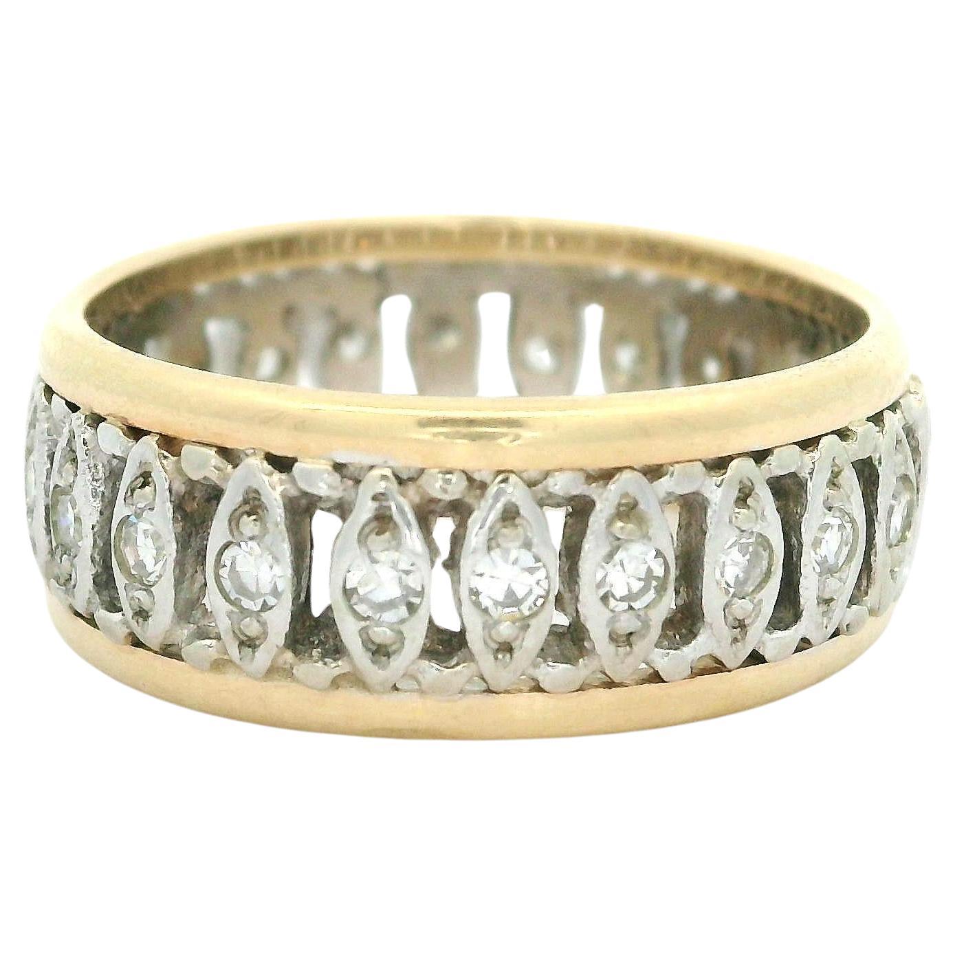 Vintage 14k Yellow & White Gold 0.42ctw Diamond Open Work 7.3mm Wide Band Ring