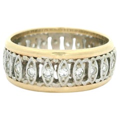 Vintage 14k Yellow & White Gold 0.42ctw Diamond Open Work 7.3mm Wide Band Ring